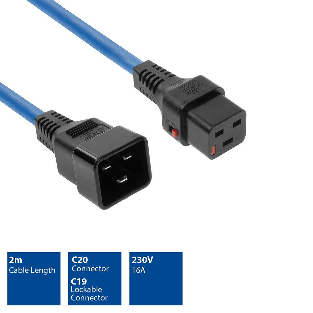 Ein blaues Netzkabel mit schwarzen Steckern. Text: 2m Kabellänge, C20-Stecker, C19-Verriegelungsstecker, 230V 16A.