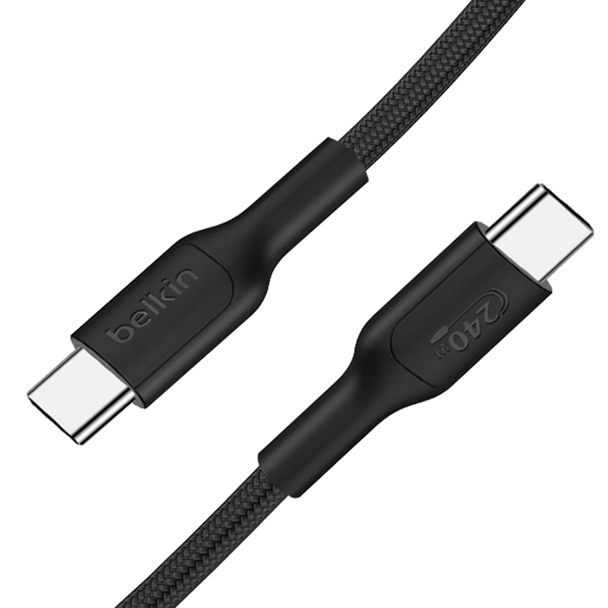 Czarny kabel USB-C Belkin. Z jednej strony logo Belkin, z drugiej napis 240W. Kabel jest pleciony.