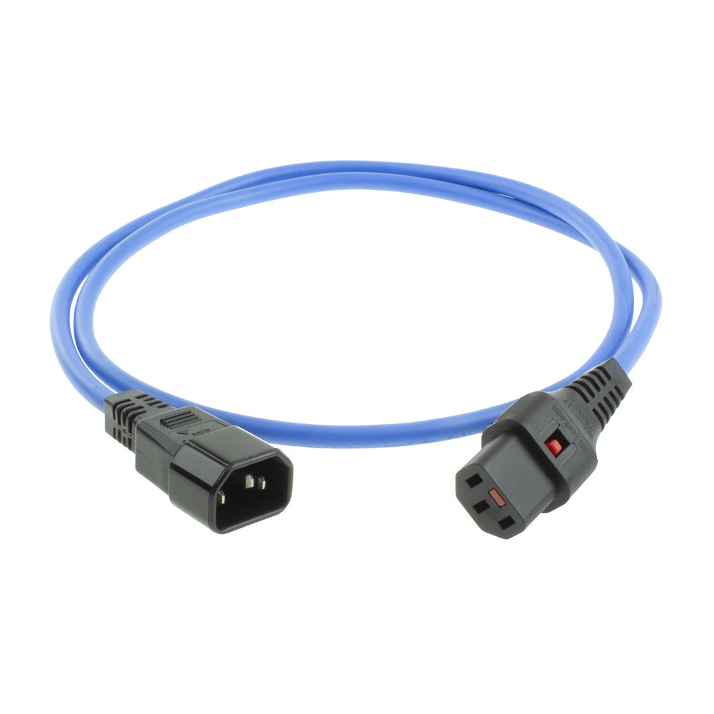 Ein blaues Stromkabel mit schwarzen Steckern an jedem Ende. Das Kabel ist geschlungen und liegt auf einer weißen Oberfläche.