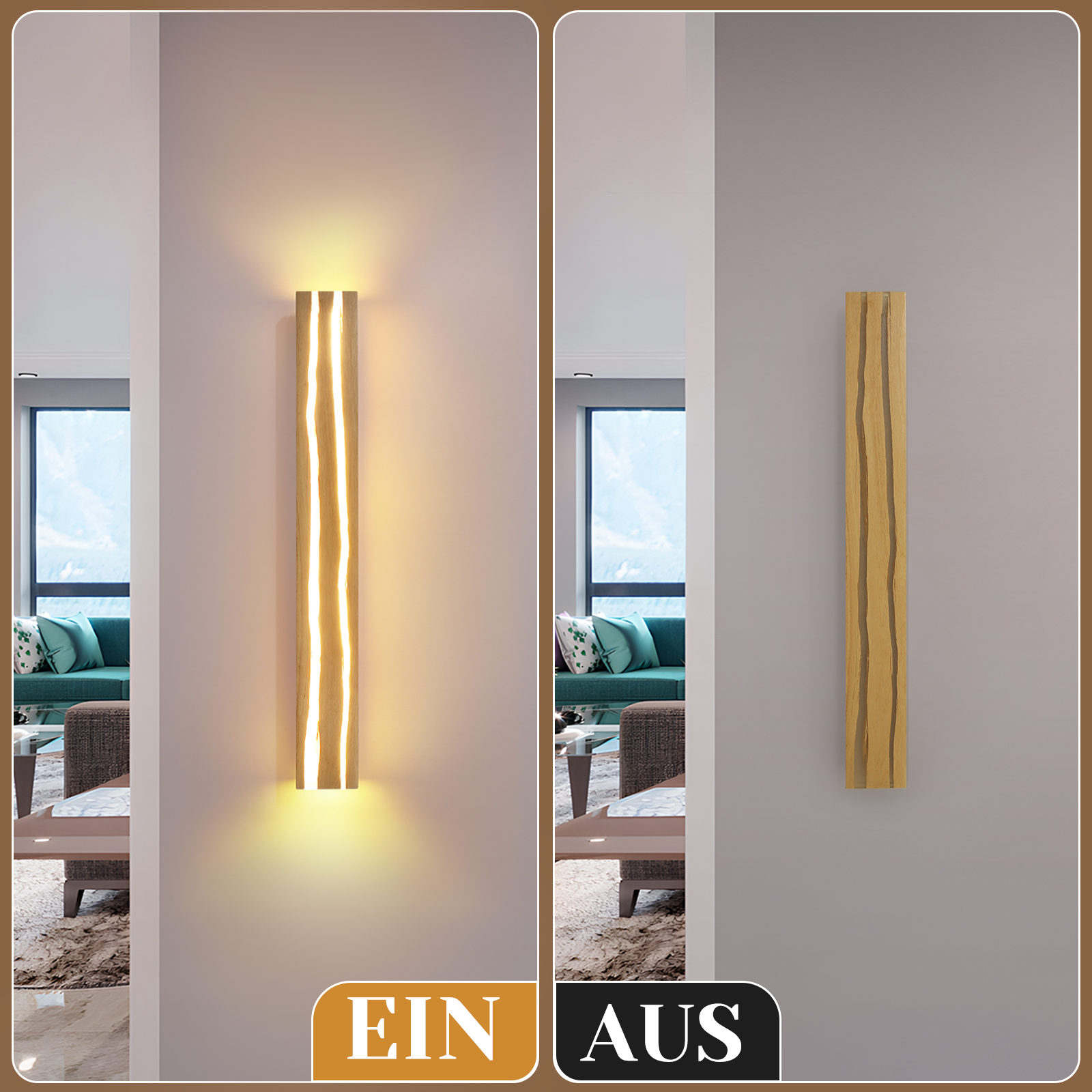 Una lampada da parete con cornice in legno e luce al centro. Le parole EIN e AUS sono in basso.
