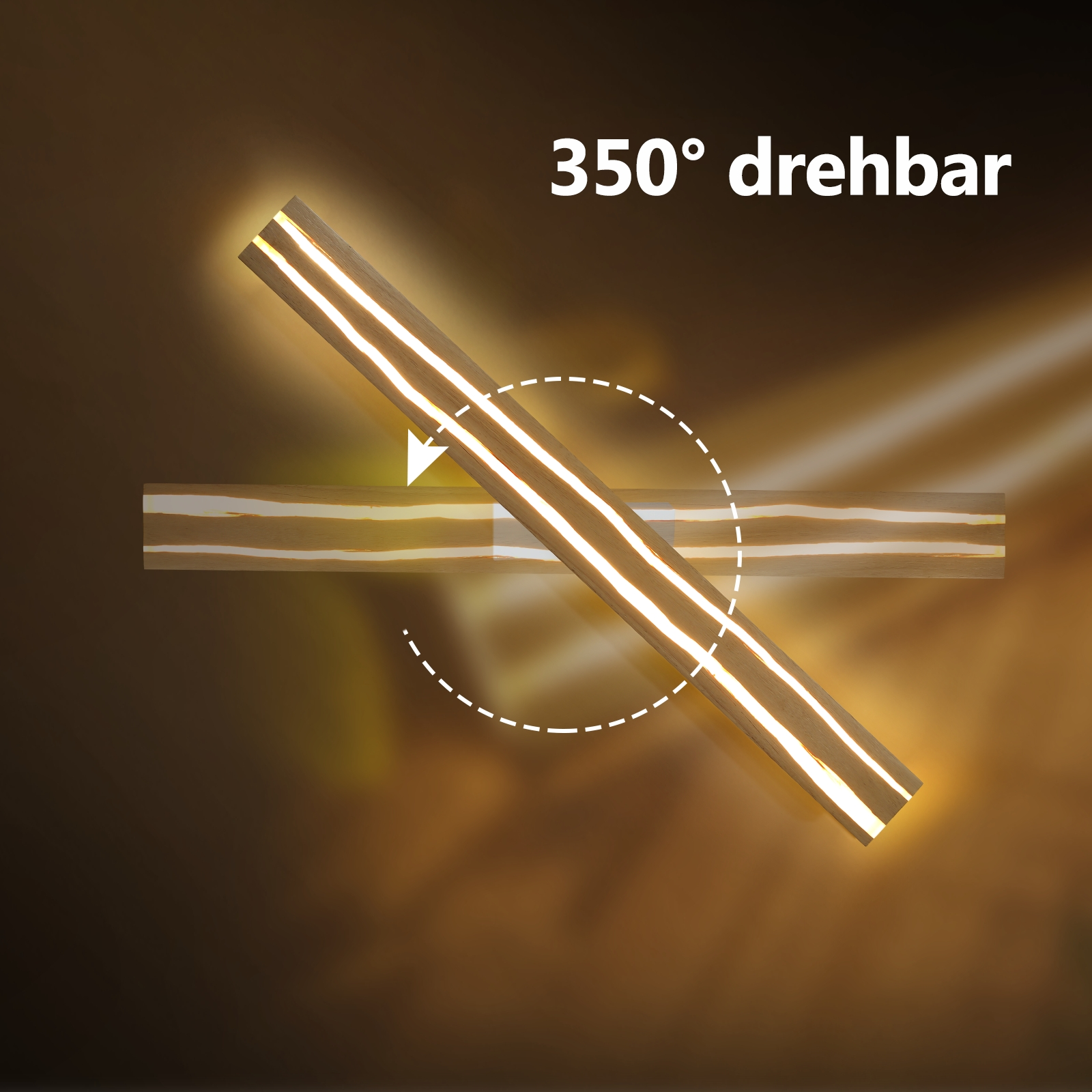Una lampada moderna con cornice in legno e strisce LED bianche calde e luminose. È girevole a 350 gradi.