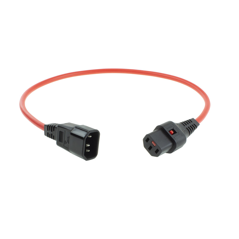 Ein rotes Netzkabel mit schwarzen Steckern an jedem Ende liegt auf einer weißen Oberfläche. Das Kabel ist gekrümmt, die Stecker zeigen in entgegengesetzte Richtungen.