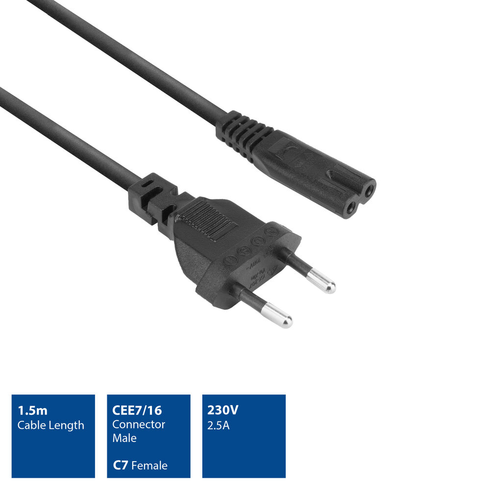 Ein schwarzes Netzkabel mit einem CEE7/16-Stecker und einem C7-Buchsenanschluss. Es ist 1,5 m lang und für 230 V, 2,5 A ausgelegt.