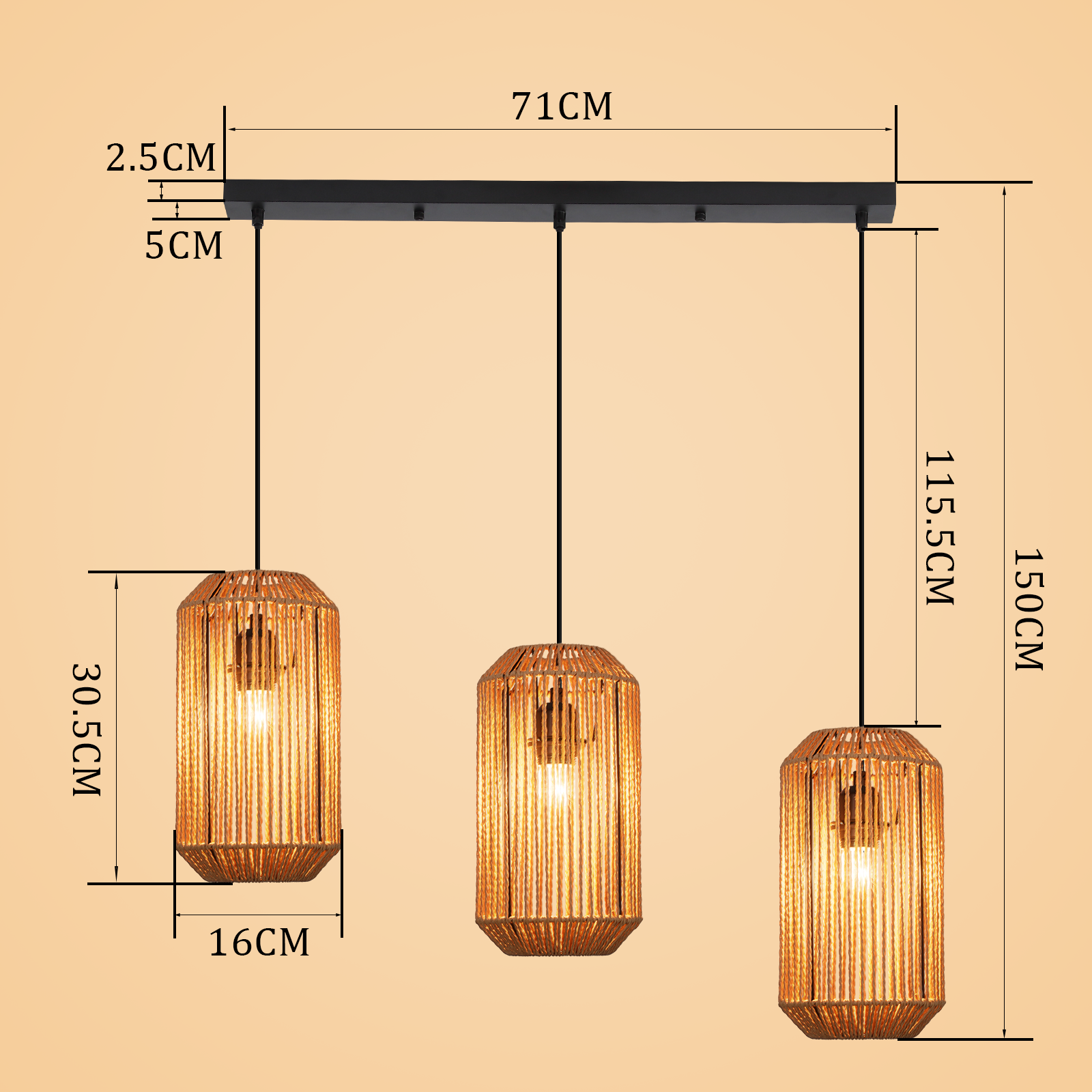 Tres lámparas colgantes con pantallas tejidas. Las dimensiones están etiquetadas. Barra negra sostiene las luces.