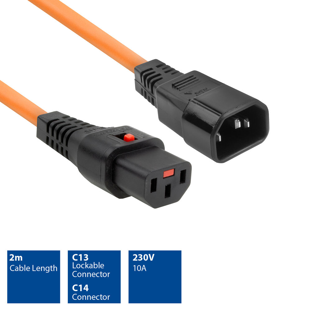 Oranges Stromkabel mit schwarzen Steckern. Textkennzeichnungen zeigen Spezifikationen: 2m Kabel, C13/C14 Stecker, 230V/10A.