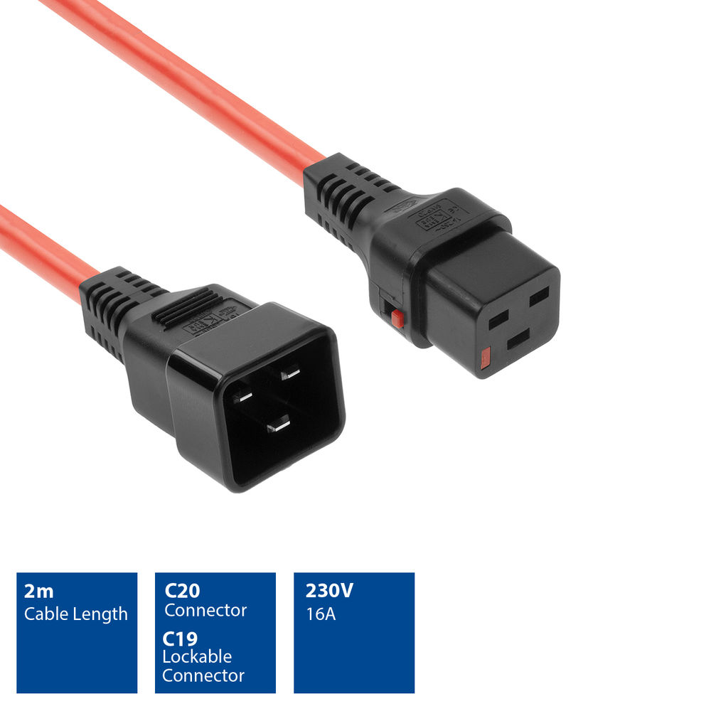 Ein orangefarbenes Netzkabel mit zwei schwarzen Steckern. Das Kabel hat eine Länge von 2 Metern, C20- und C19-Verriegelungsanschlüsse. 230V und 16A.