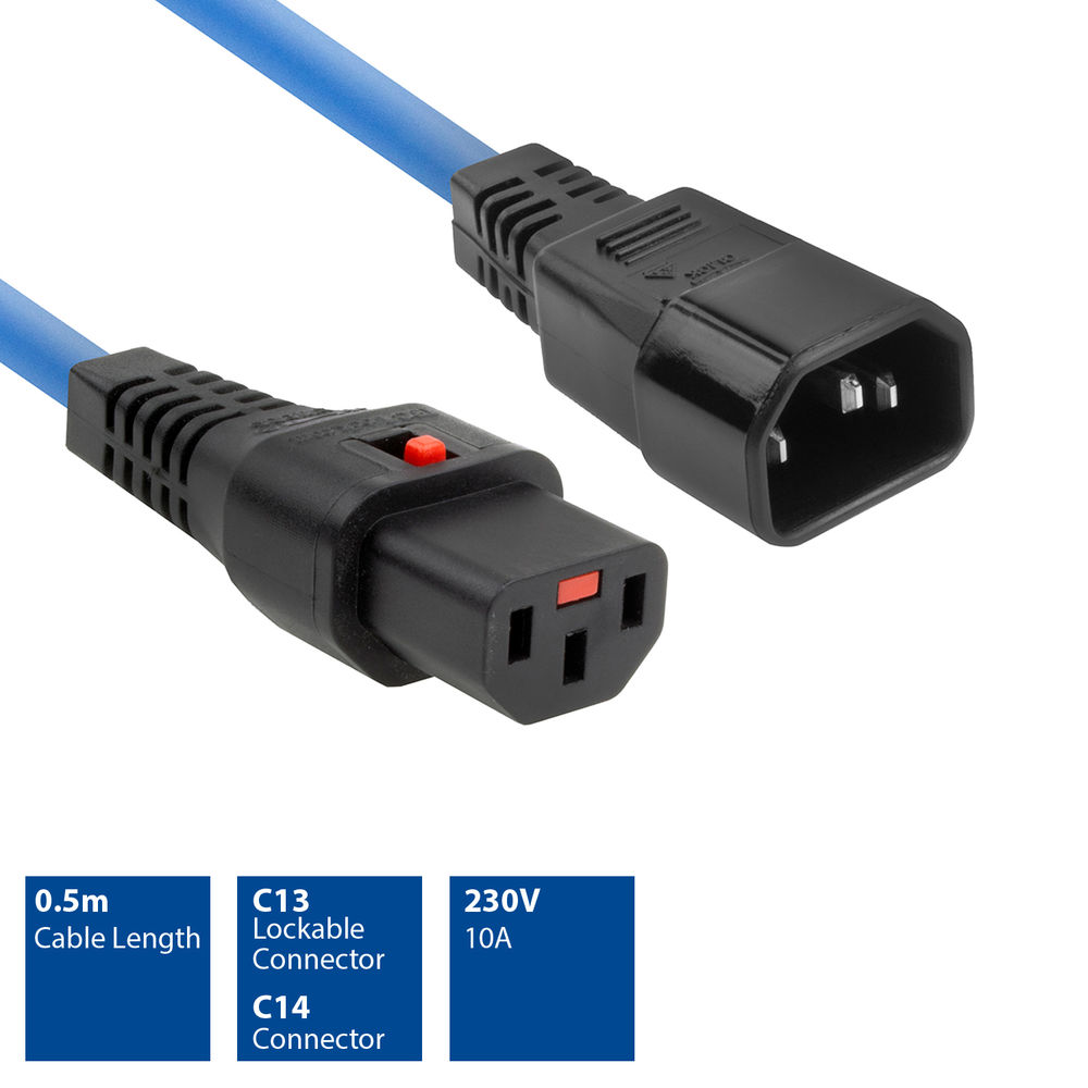 Blaues Netzkabel mit schwarzen Steckern. Ein Stecker hat einen roten Knopf. Textlabels: 0,5 m, C13, C14, 230 V, 10 A.