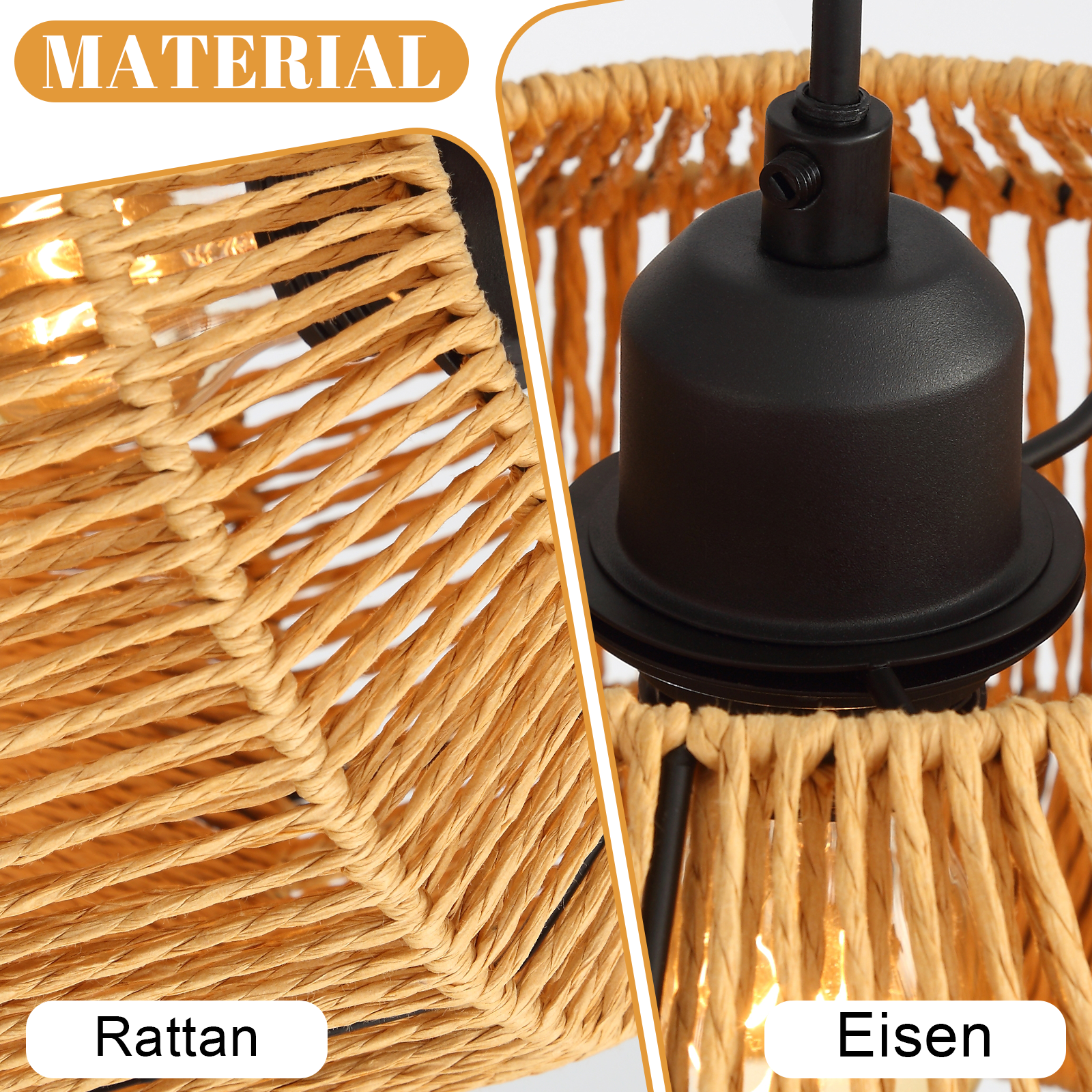 Zbliżenie lampy wiszącej. Rattanowy klosz z czarnymi metalowymi elementami. Etykiety tekstowe: Materiał, Rattan i Żelazo.