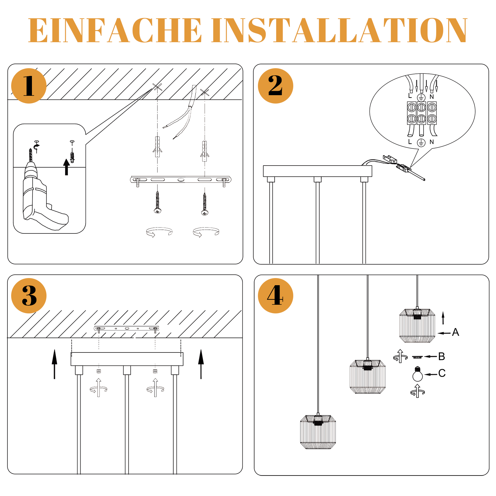 Installationsanleitung: Bohren, Verdrahten, Montieren einer Lampe. Enthält Diagramme für jeden Schritt. Text: Einfache Installation.