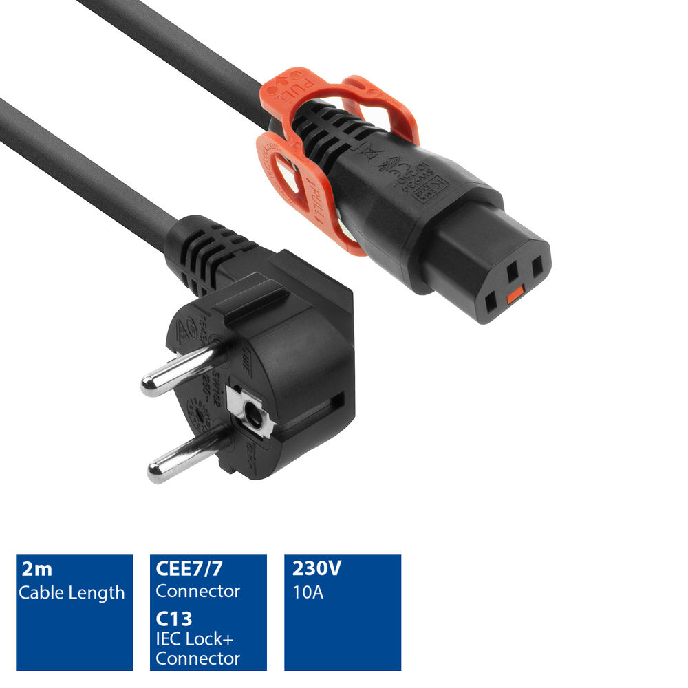 Schwarzes Netzkabel mit Eurostecker und IEC-Anschluss. Oranger Sicherungsclip. Blaue Kästen zeigen Kabellänge, Steckertyp und Spannung.