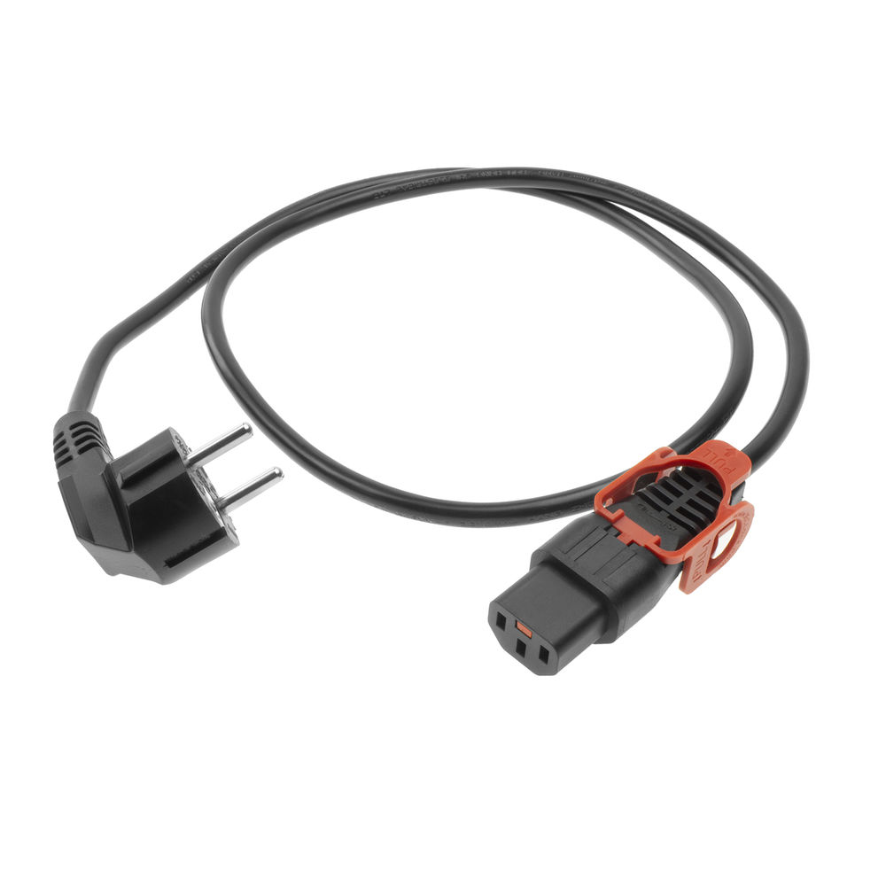 Ein schwarzes Netzkabel mit einem Eurostecker an einem Ende und einem schwarzen Stecker mit orangefarbener Verriegelung am anderen Ende.