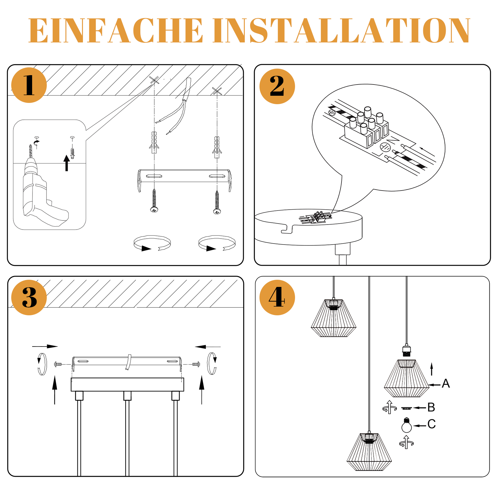 Guía de instalación con pasos 1-4. Muestra taladrado, cableado, montaje de una lámpara y colocación de bombillas. Incluye diagramas.