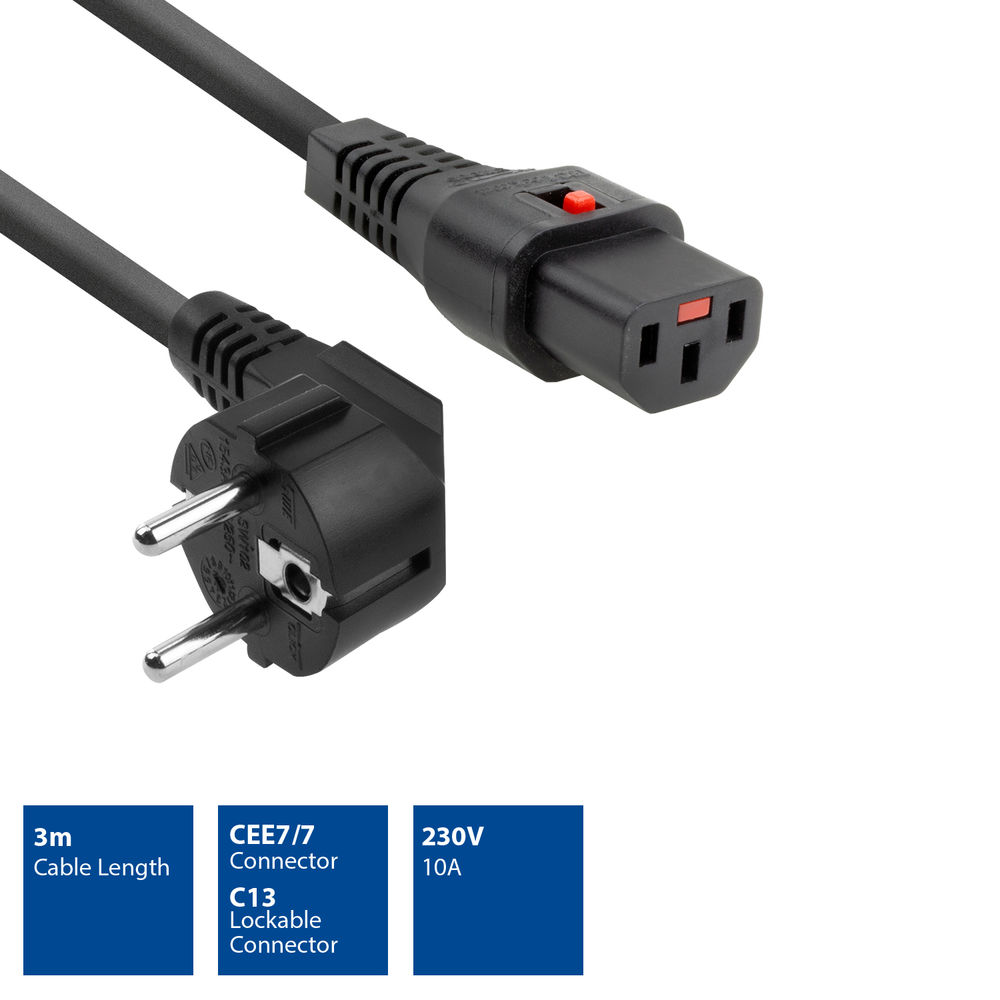 Schwarzes Netzkabel mit CEE7/7- und C13-Anschlüssen. Das Kabel ist 3 m lang und unterstützt 230 V/10 A.