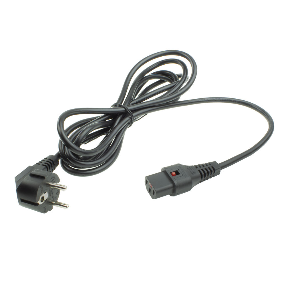 Ein schwarzes Stromkabel mit Eurostecker und IEC-Anschluss. Das Kabel ist aufgerollt und liegt auf weißem Grund.