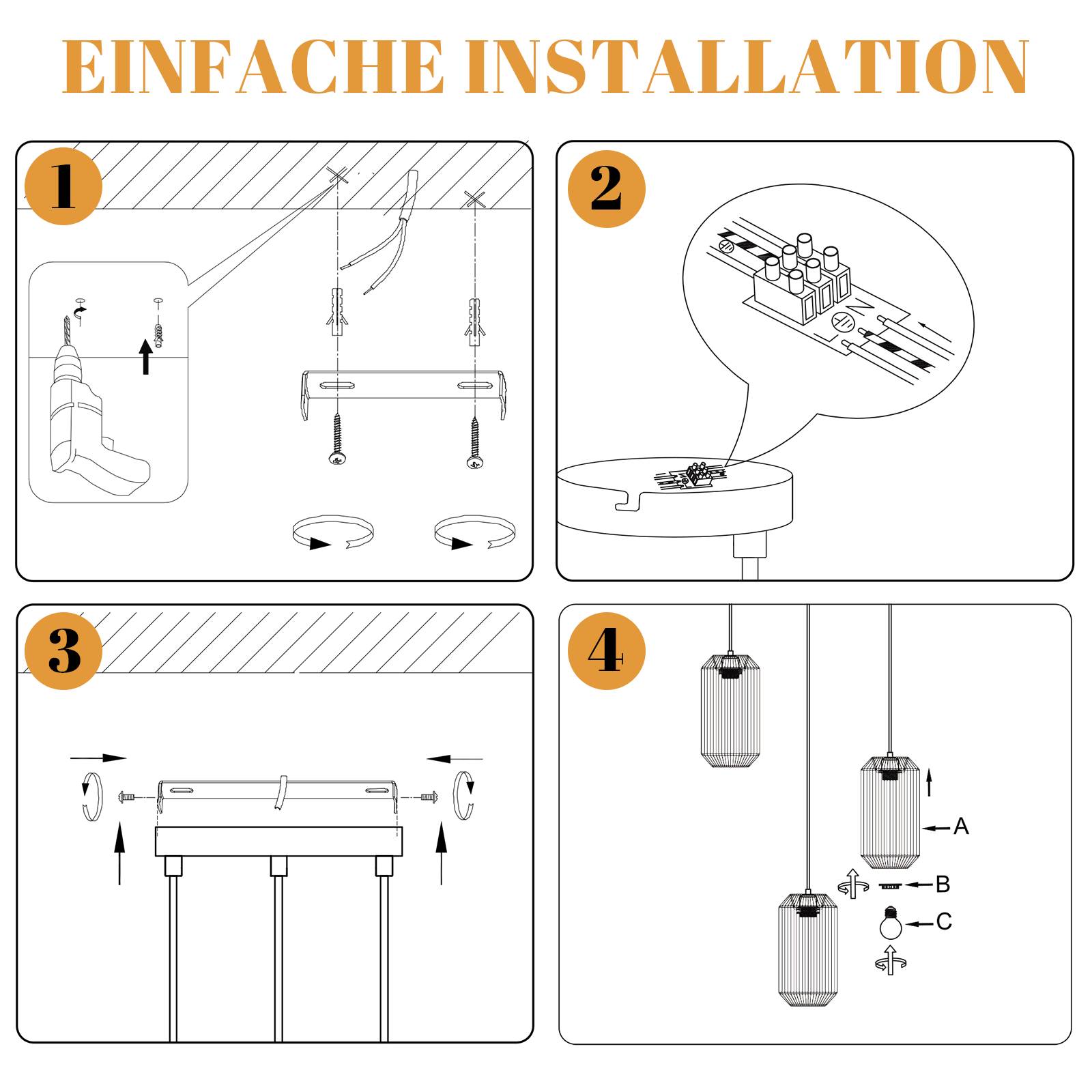 Guía de instalación con diagramas. Muestra perforación, cableado y montaje de una lámpara colgante con los pasos 1 a 4.