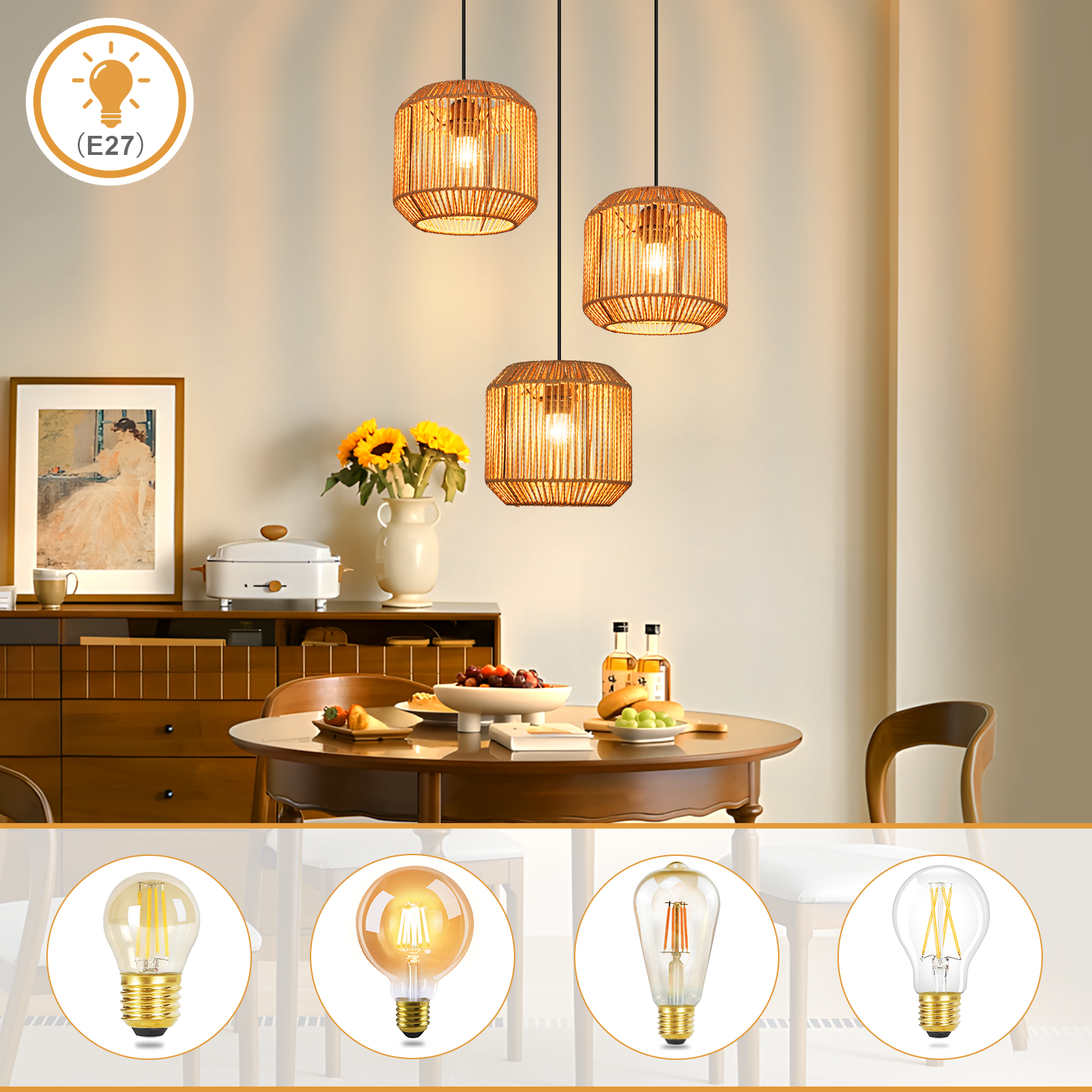 Scena w jadalni z lampami wiszącymi, stołem, jedzeniem i żarówkami. Zawiera słoneczniki i obraz.