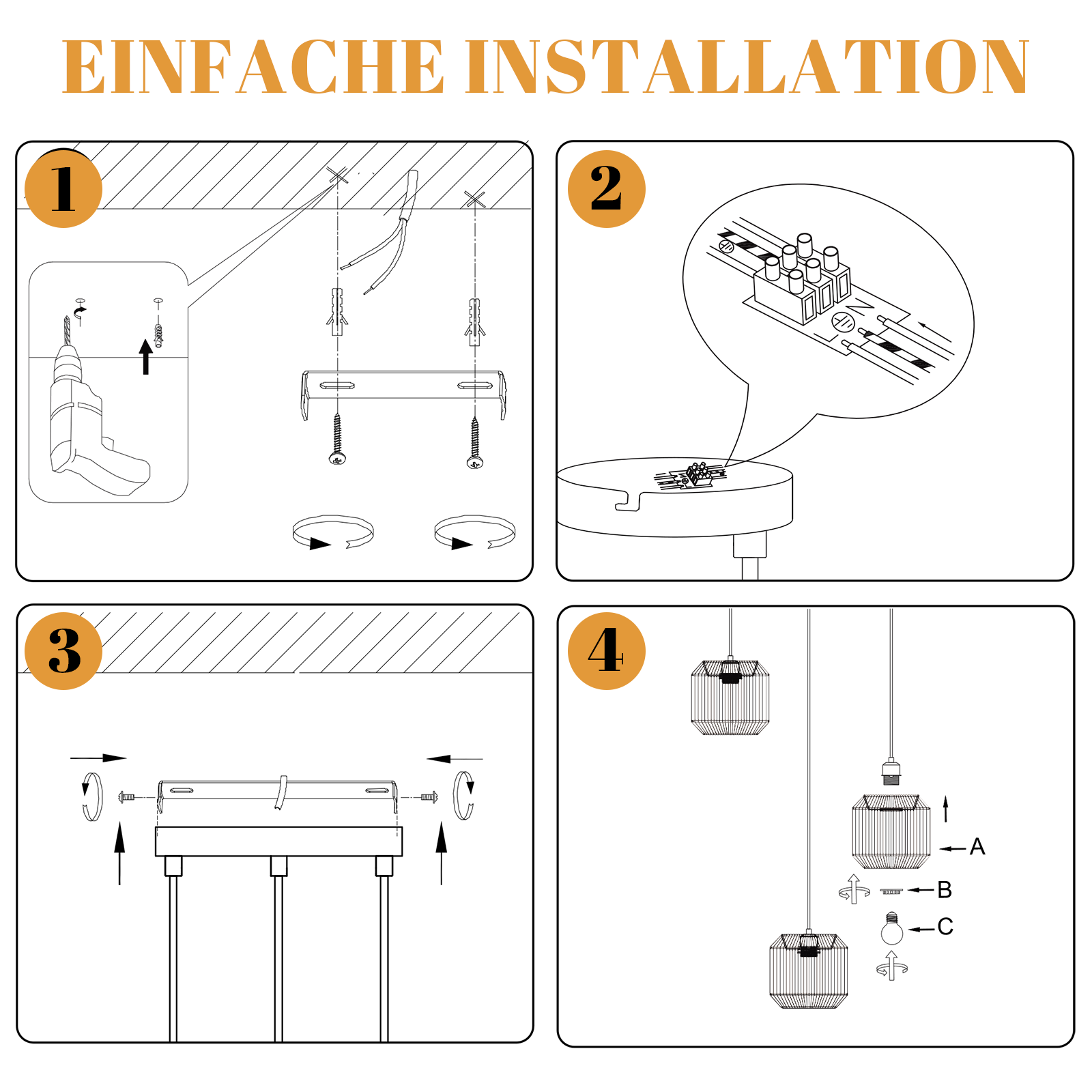 Instrukcja instalacji w czterech krokach. Pokazuje wiercenie, okablowanie, montaż wspornika i mocowanie lamp wiszących.