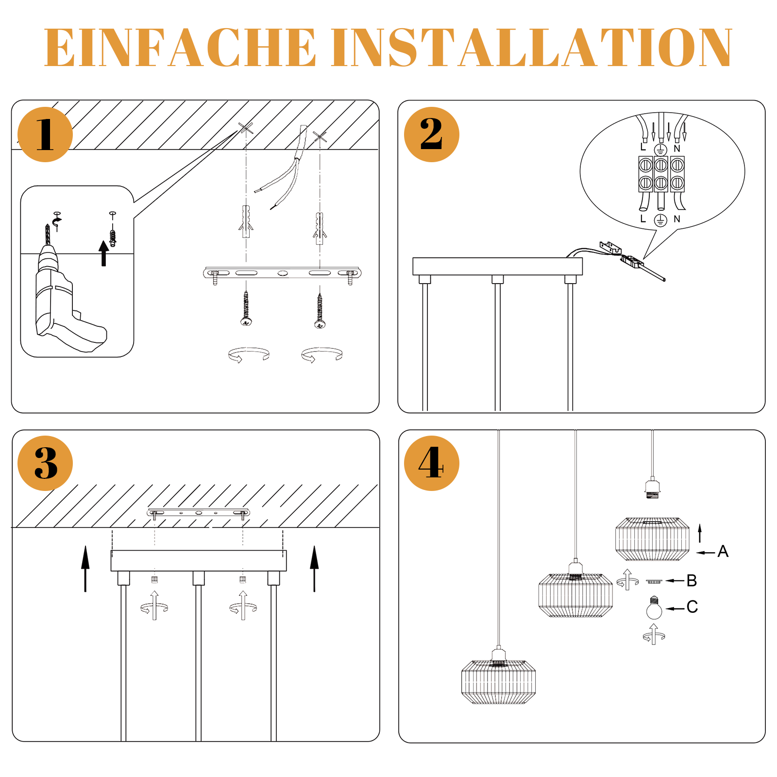 Instrukcja instalacji z diagramami: wiercenie, okablowanie i wieszanie lamp wiszących. Zawiera ponumerowane kroki ze strzałkami i etykietami.