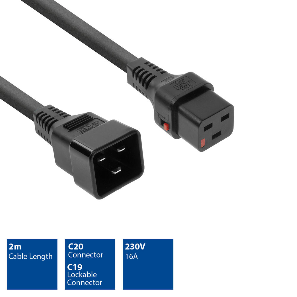 Schwarzes Netzkabel mit C20- und C19-Anschlüssen, 2 m lang, mit Spannungsangaben. Das Kabel befindet sich auf weißem Hintergrund.
