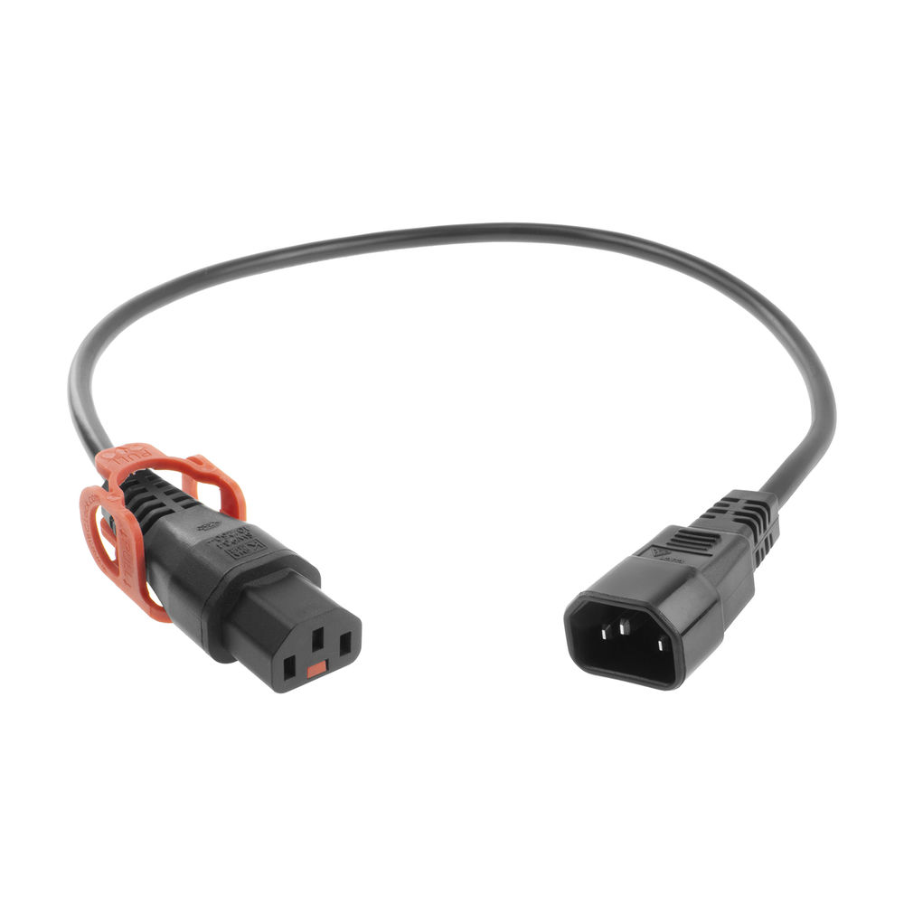 Ein schwarzes Netzkabel mit zwei Steckern. Ein Stecker hat drei Löcher und einen orangefarbenen Verriegelungsmechanismus. Der andere hat zwei Löcher.