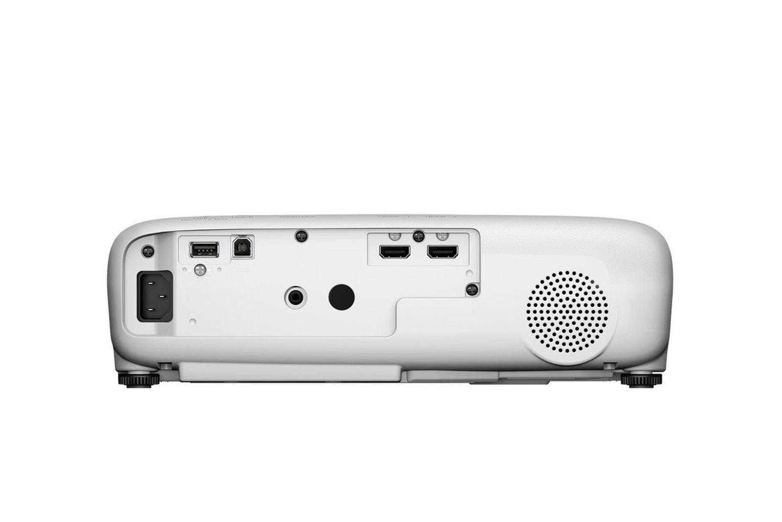 Tył białego projektora z portami, wejściem zasilania i kratką głośnika. Widoczne czarne złącza i przyciski.
