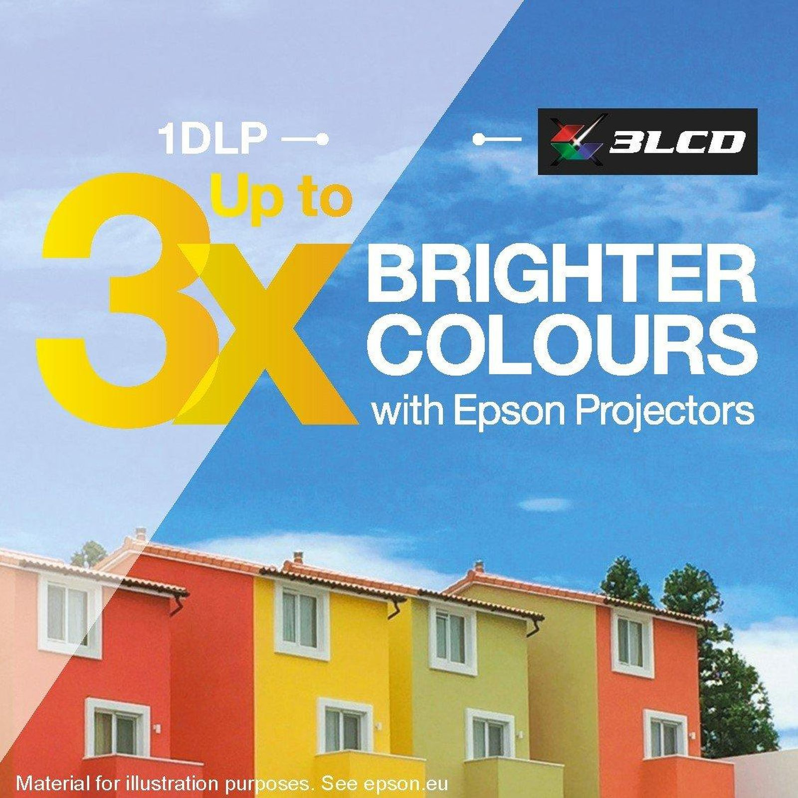 Obraz pokazuje tekst o jaśniejszych kolorach z projektorami Epson. Domy w tle, błękitne niebo.