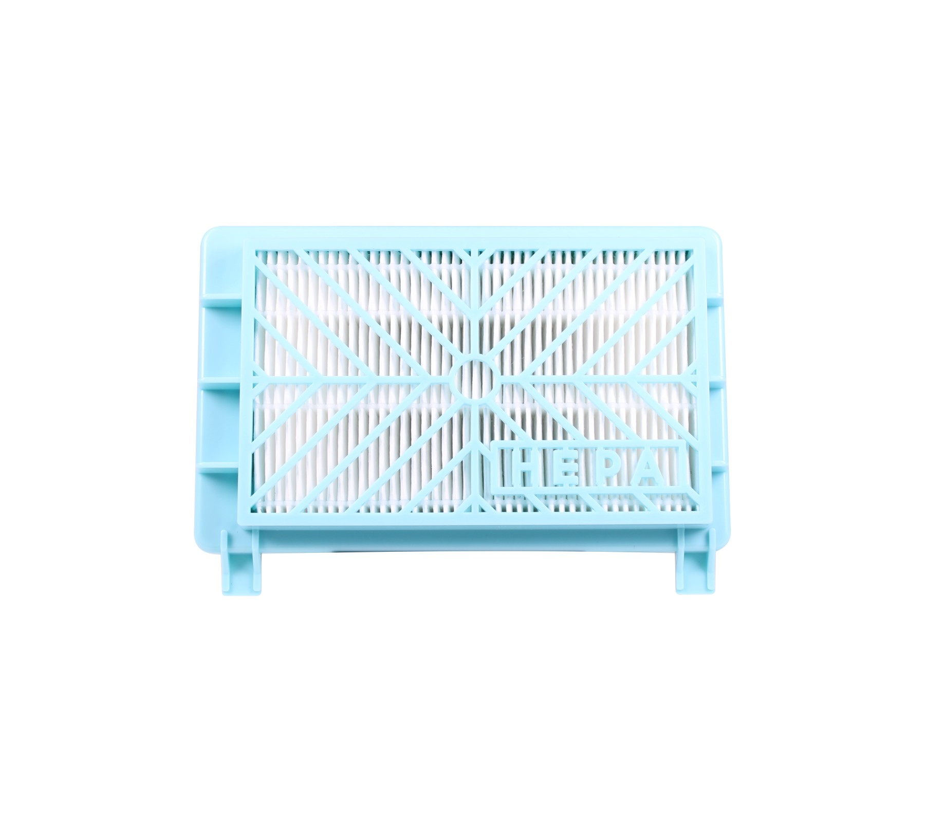 Ein hellblauer HEPA-Filter mit weißem Filter. Der Rahmen hat ein gitterartiges Muster.