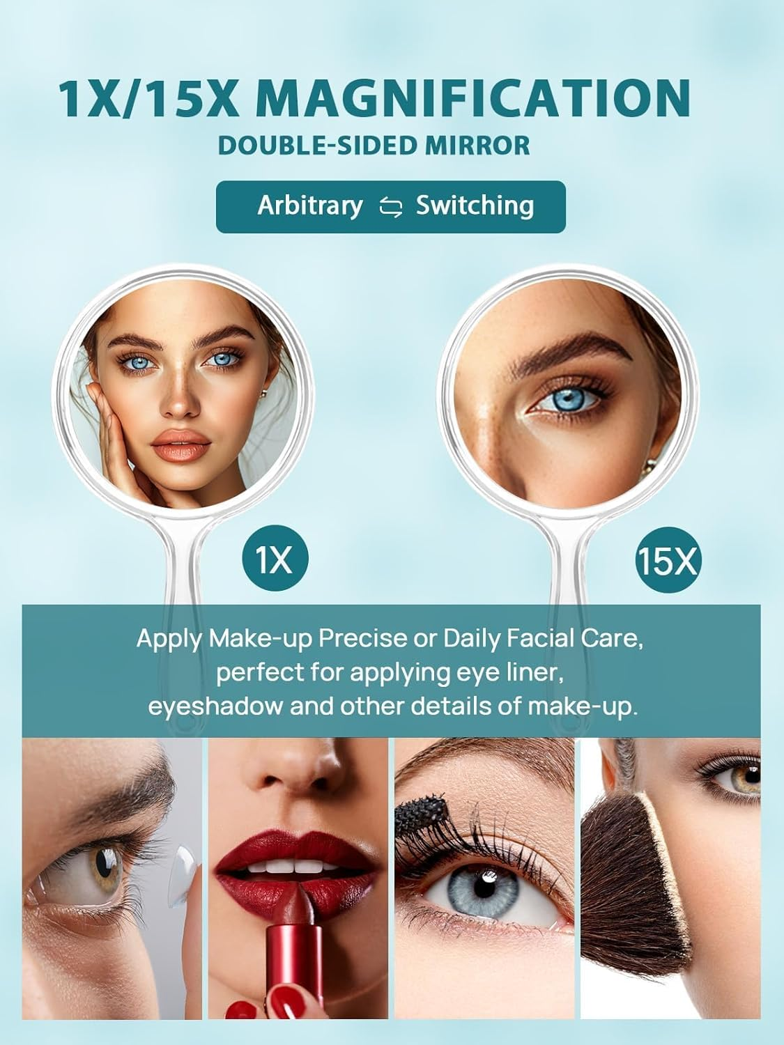 Ein doppelseitiger Spiegel mit 1x/15x Vergrößerung. Er zeigt Nahaufnahmen von Gesichtern und Details des Make-ups, einschließlich Augen und Lippen.