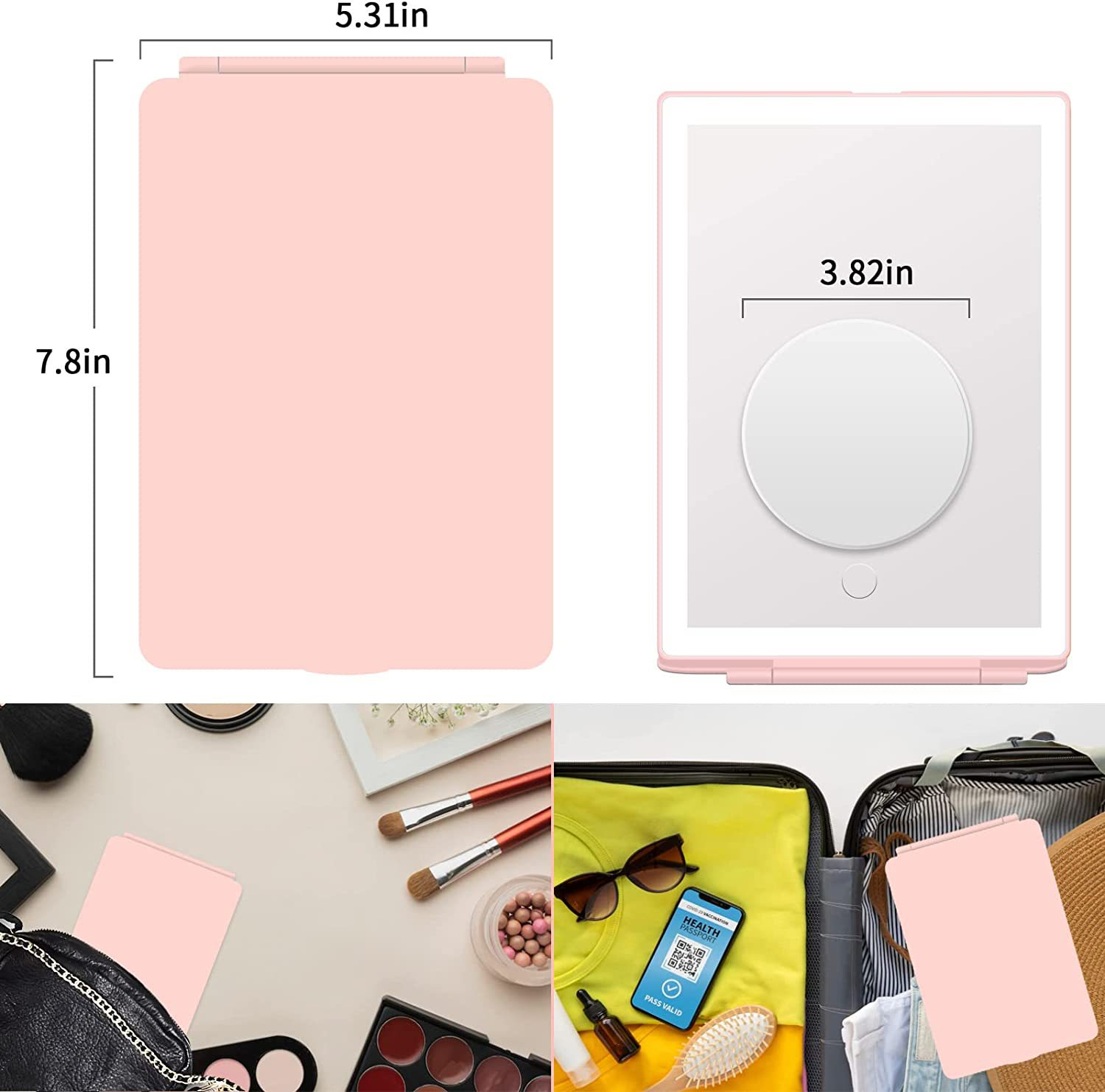 Ein rosa Schminkspiegel mit Maßen und ein beleuchteter Spiegel. Make-up-Artikel und ein Koffer mit einem Gesundheitspass sind sichtbar.