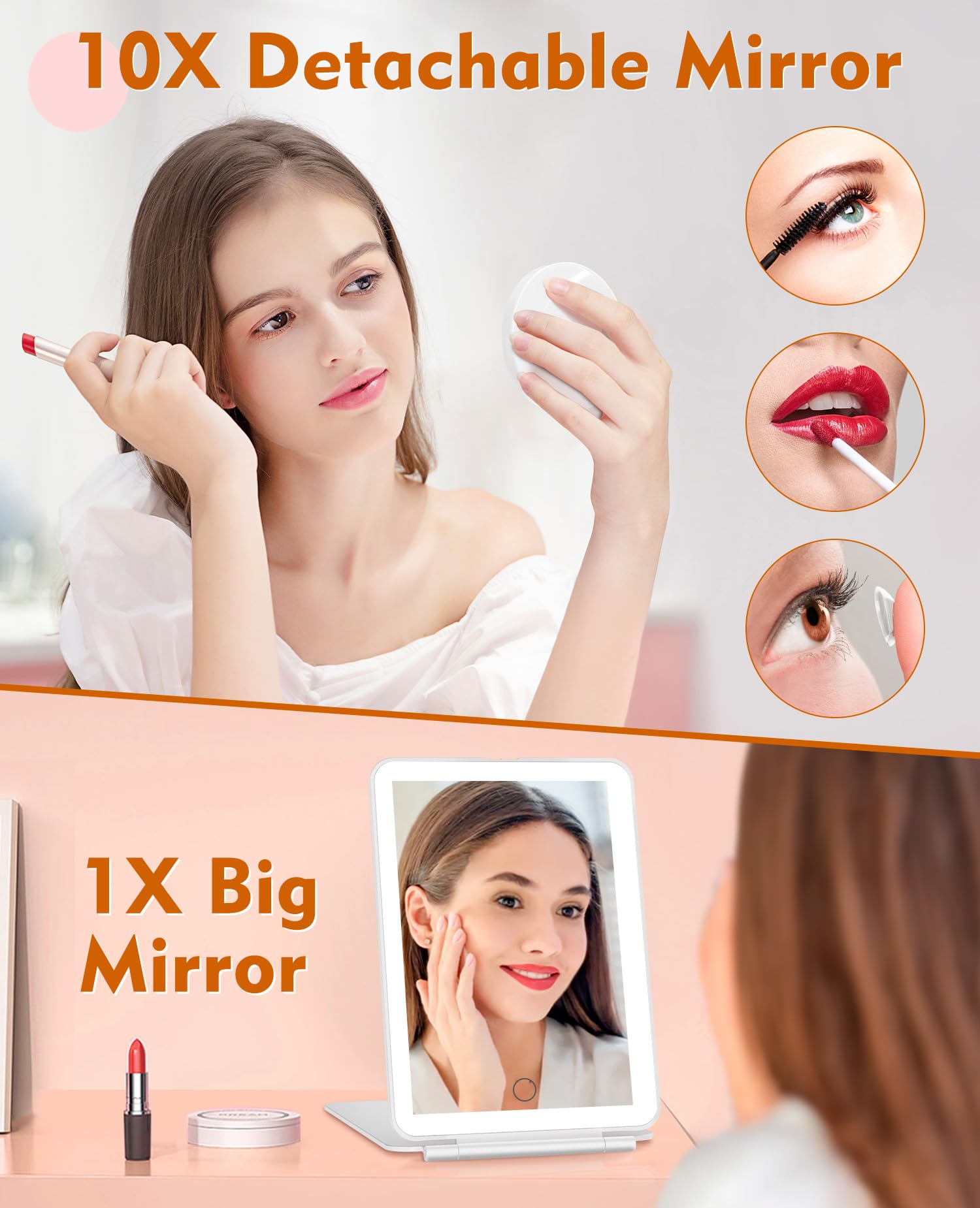 Eine Frau, die sich mit einem abnehmbaren Spiegel schminkt. Insets zeigen Mascara, Lippenstift und das Einsetzen einer Kontaktlinse. Ein großer Spiegel wird ebenfalls angezeigt.