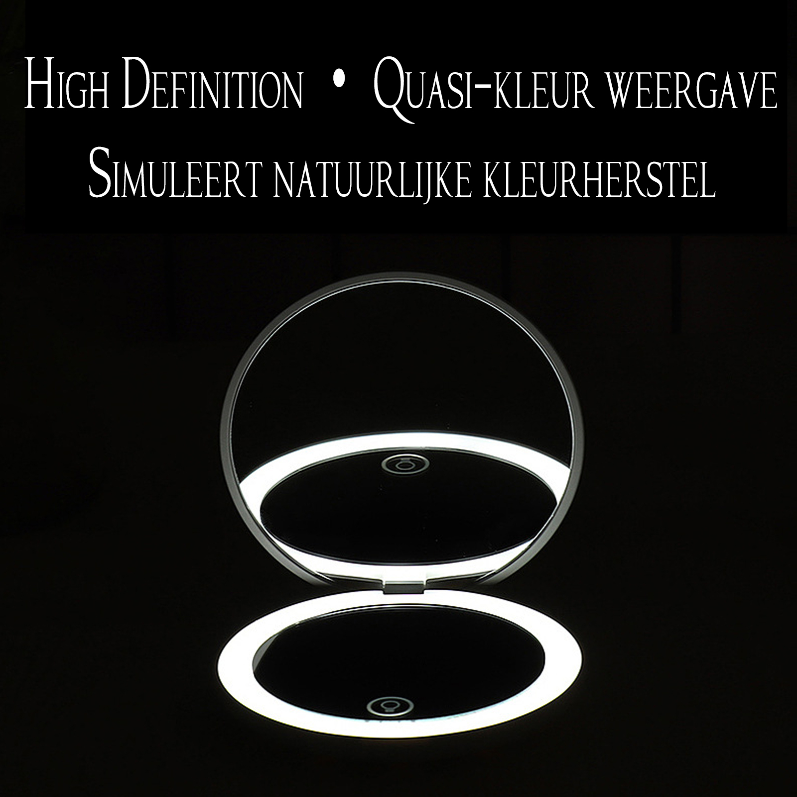 Geöffnete, beleuchtete Kompaktspiegel auf schwarzem Hintergrund. Text oben: High Definition, Quasi-Farbanzeige.