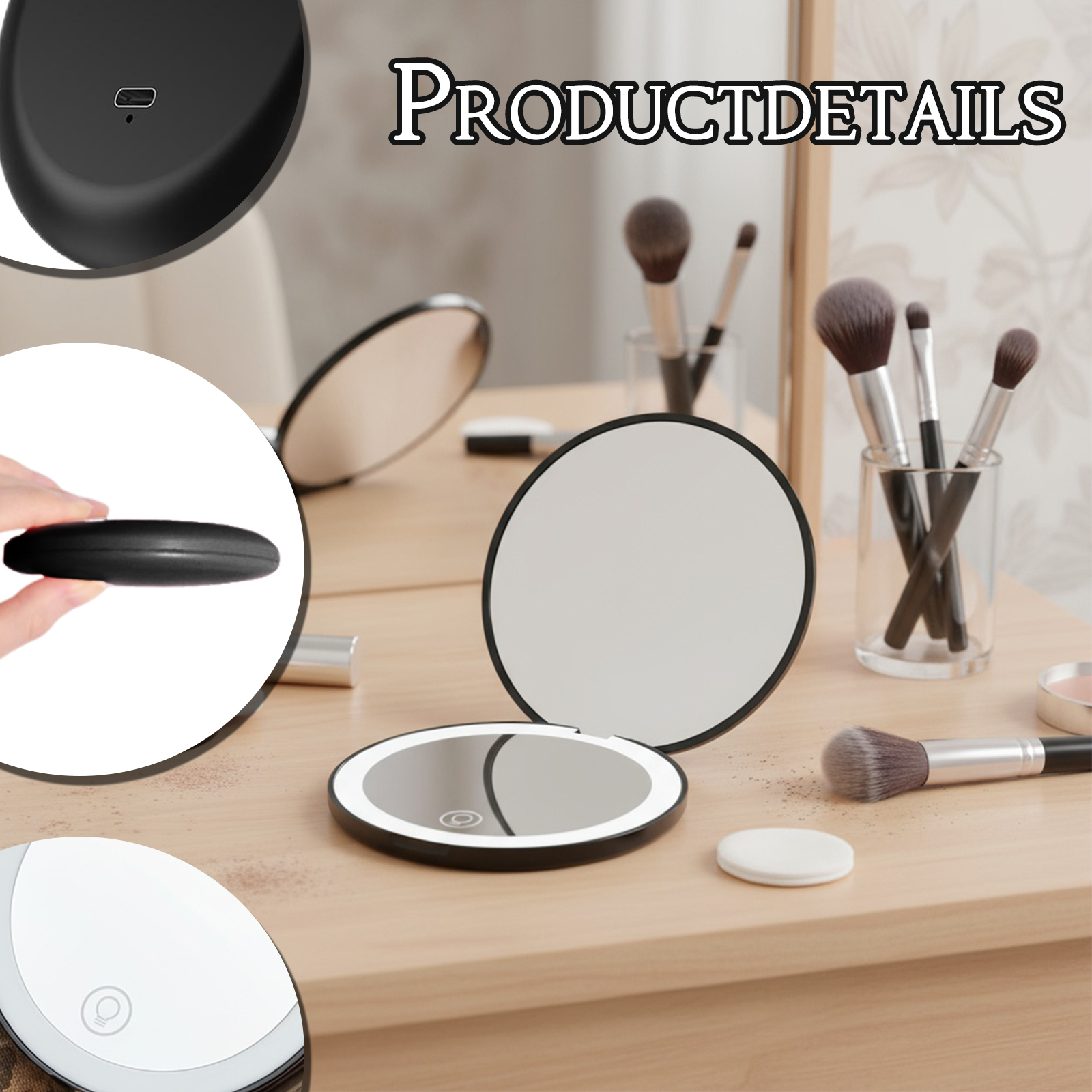 Ein Schminkspiegel liegt auf einem Holztisch mit Make-up-Pinseln und Puder. Ein schwarzer Spiegel ist geöffnet, ein anderer geschlossen.