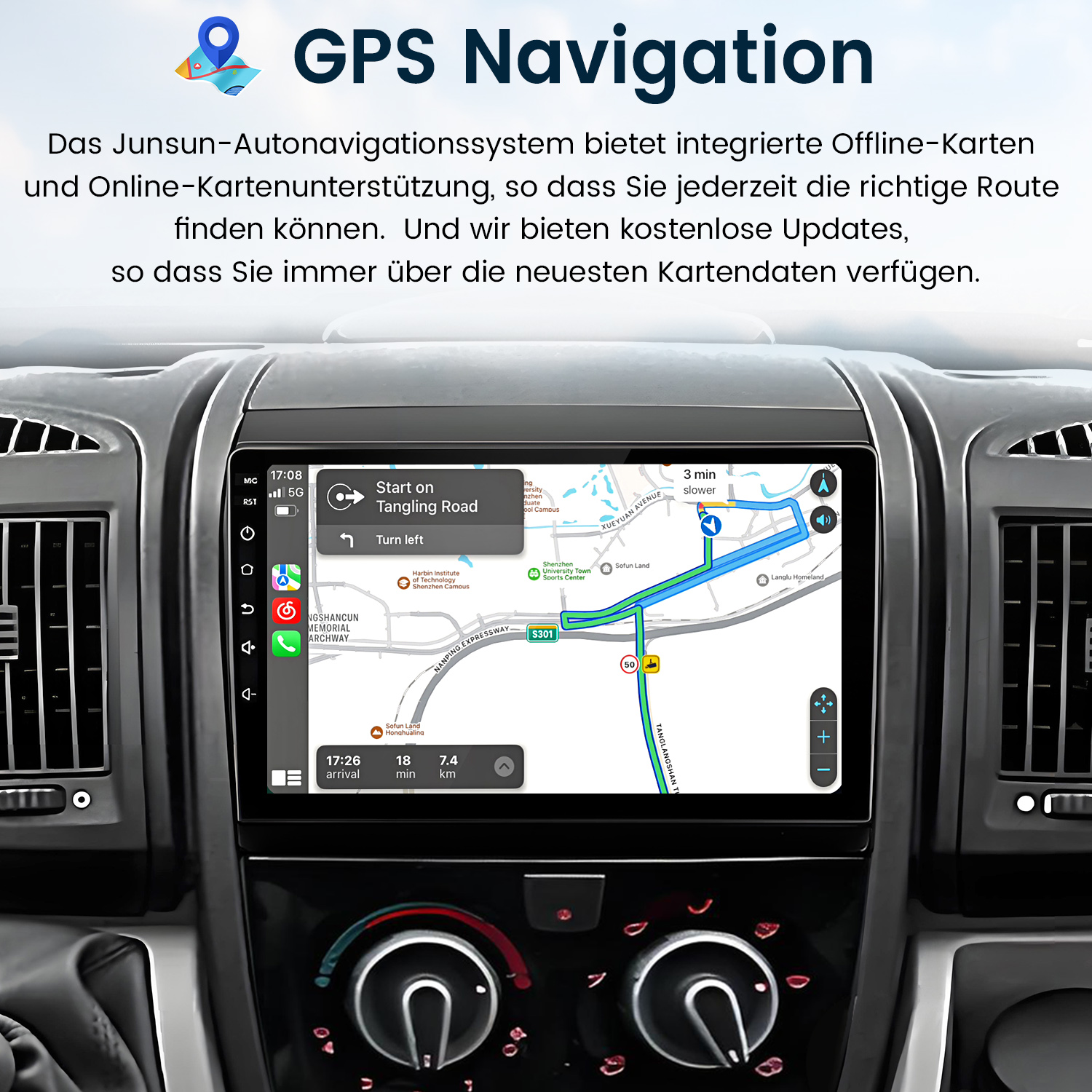 Armaturenbrett mit GPS-Navigation, Karte, Routendetails und Klimaanlagenknöpfen.