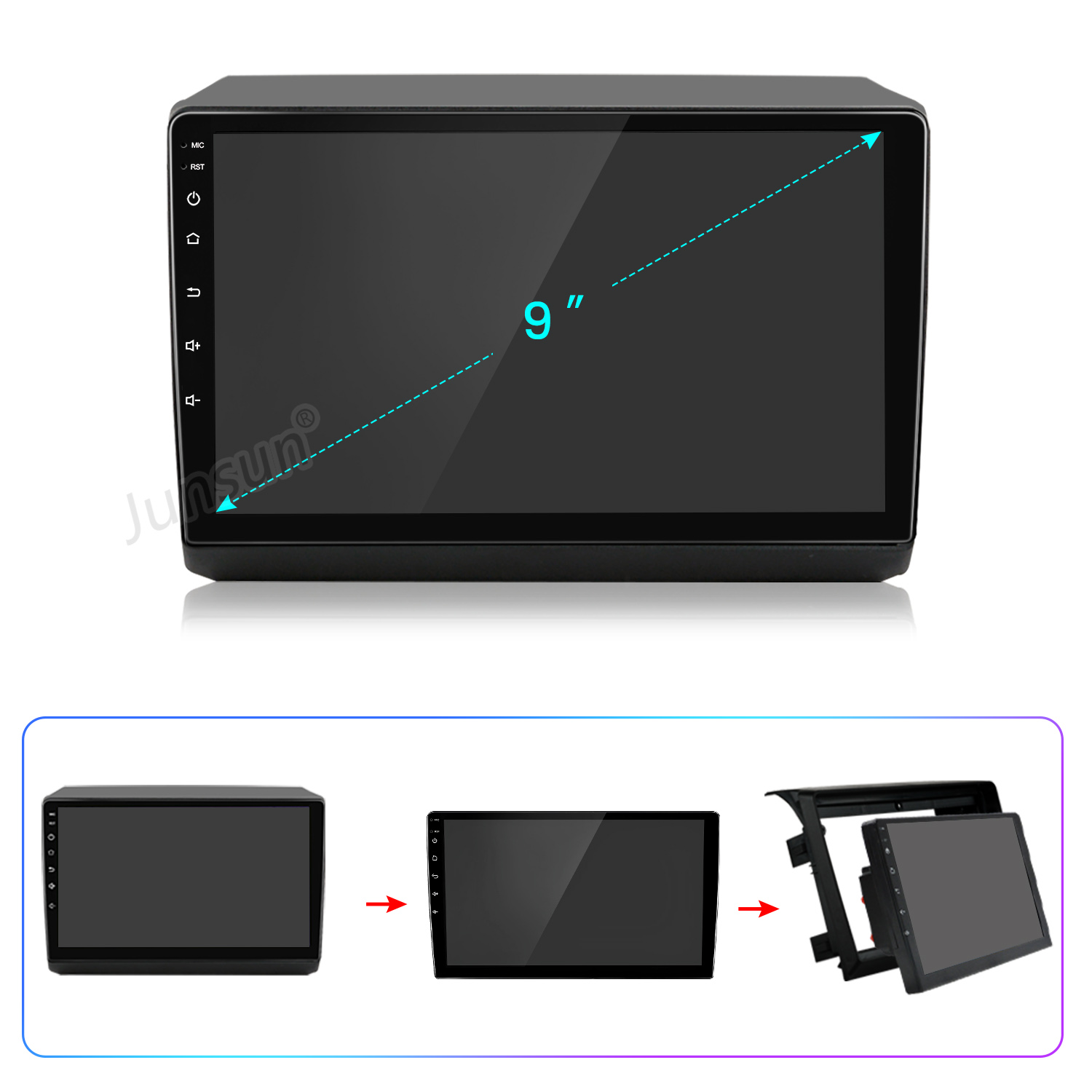 Ein schwarzes Auto-Multimedia-Gerät mit 9-Zoll-Bildschirm. Zeigt ein Diagramm der Installationsschritte. Der Bildschirm hat Knöpfe links.