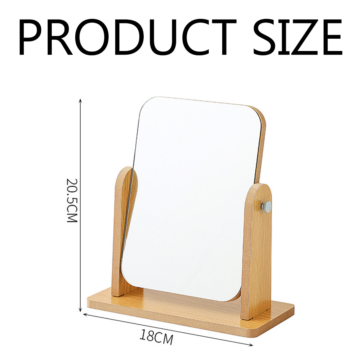 Ein holzgerahmter Spiegel mit Abmessungen. Er ist rechteckig und steht auf einem Holzsockel. Der Text 'PRODUCT SIZE' steht oben.