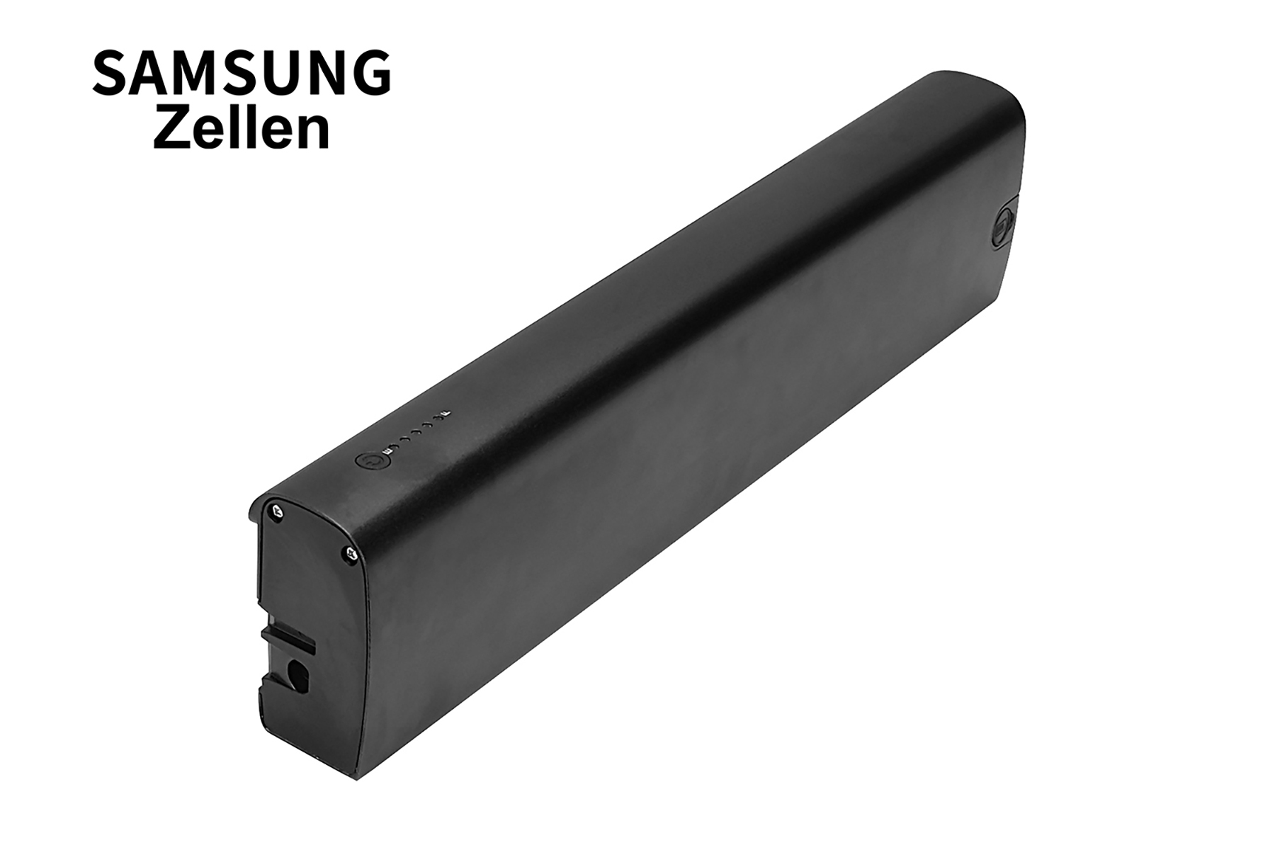Ein schwarzer rechteckiger Akku mit dem Text 'SAMSUNG Zellen' auf weißem Hintergrund.