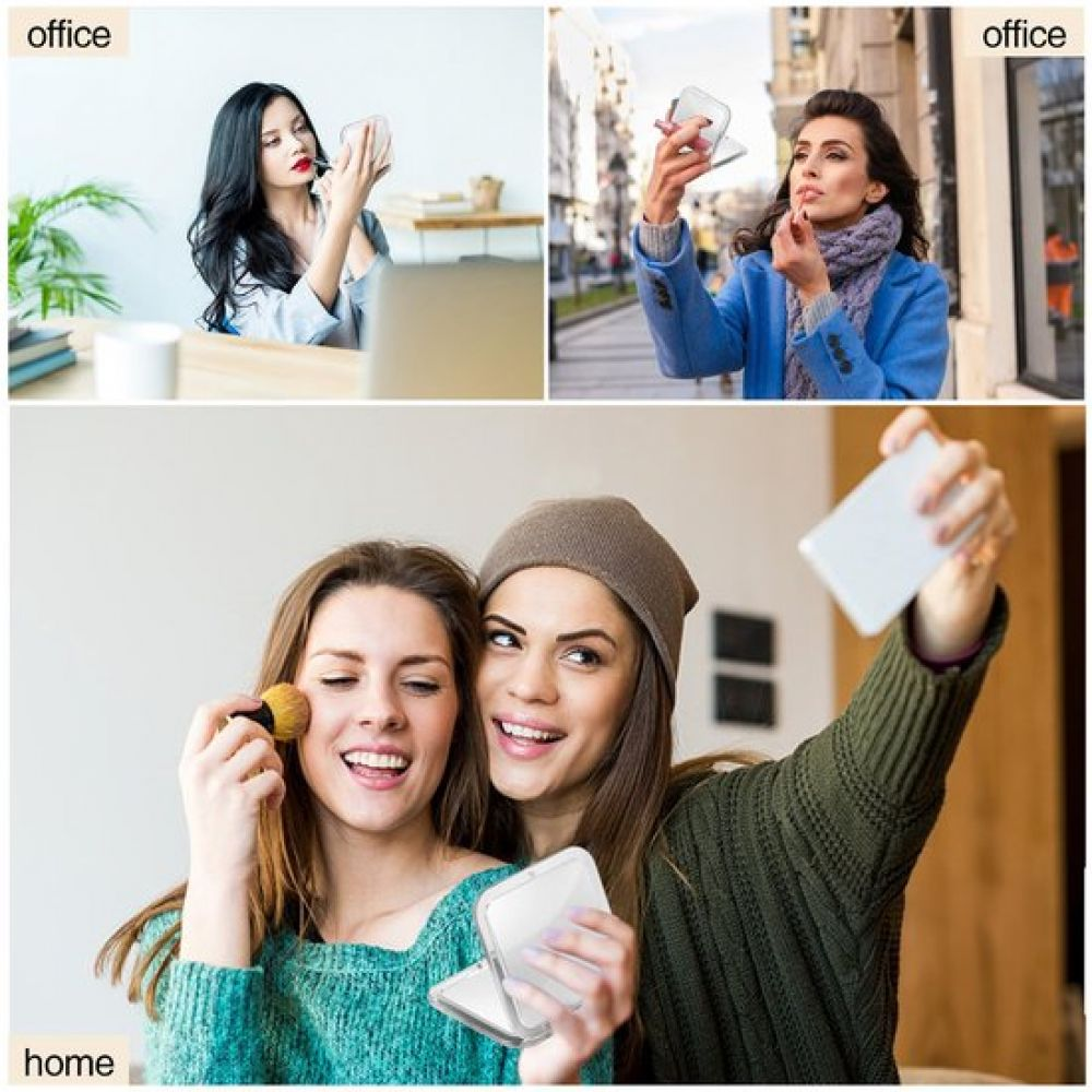 Drei Frauen beim Schminken. Eine am Schreibtisch, eine draußen und zwei machen ein Selfie. Alle halten Spiegel und Pinsel.