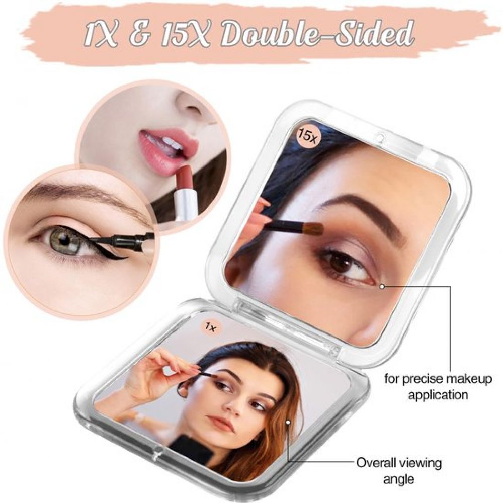 Ein doppelseitiger Schminkspiegel zeigt Nahaufnahmen von Augen-Make-up-Anwendungen. Er verfügt über 1x und 15x Vergrößerung.