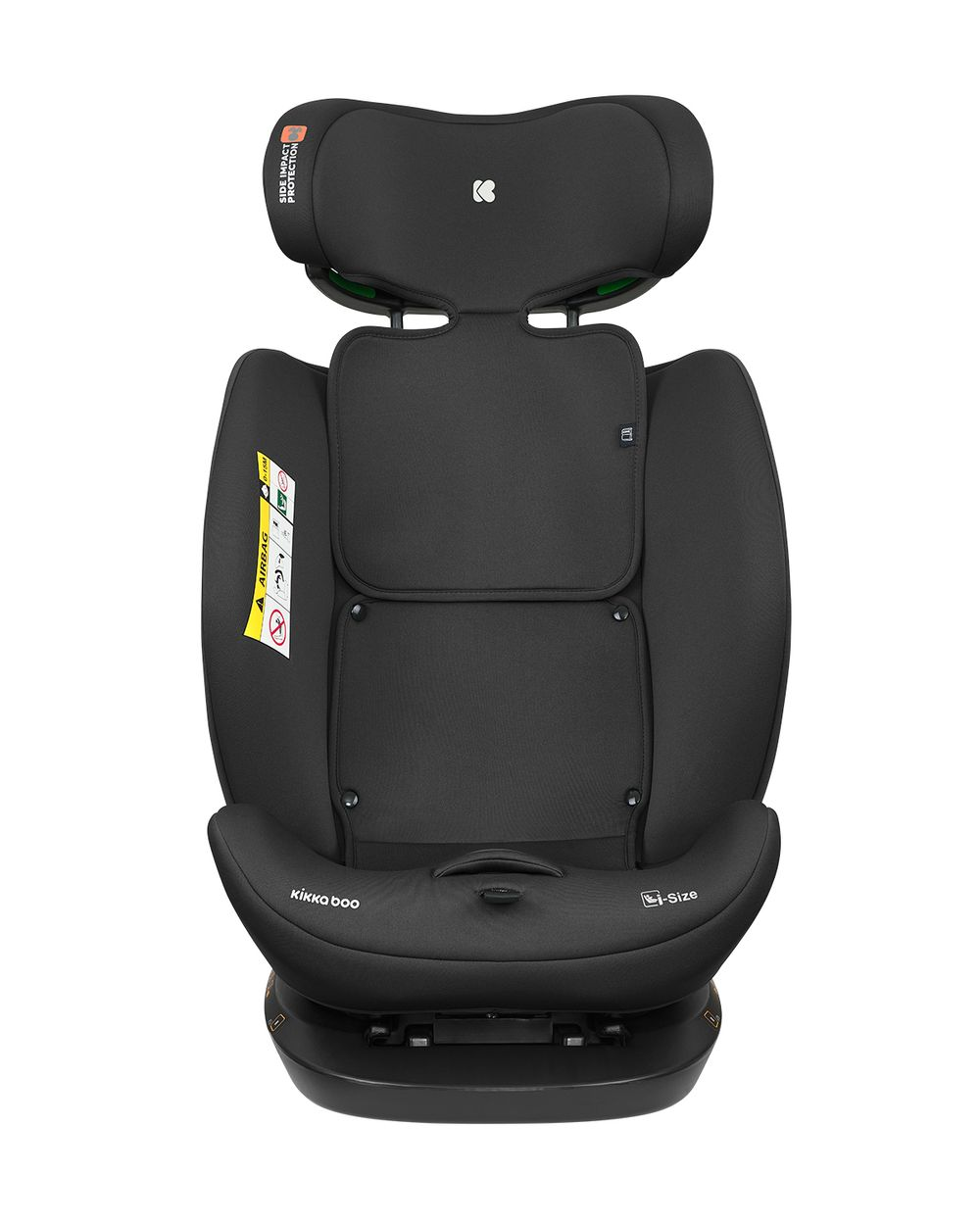 Ein schwarzer Kindersitz mit Kopf- und Seitenaufprallschutz. Er hat ein Airbag-Warnschild und den Markennamen 'kikka boo'.
