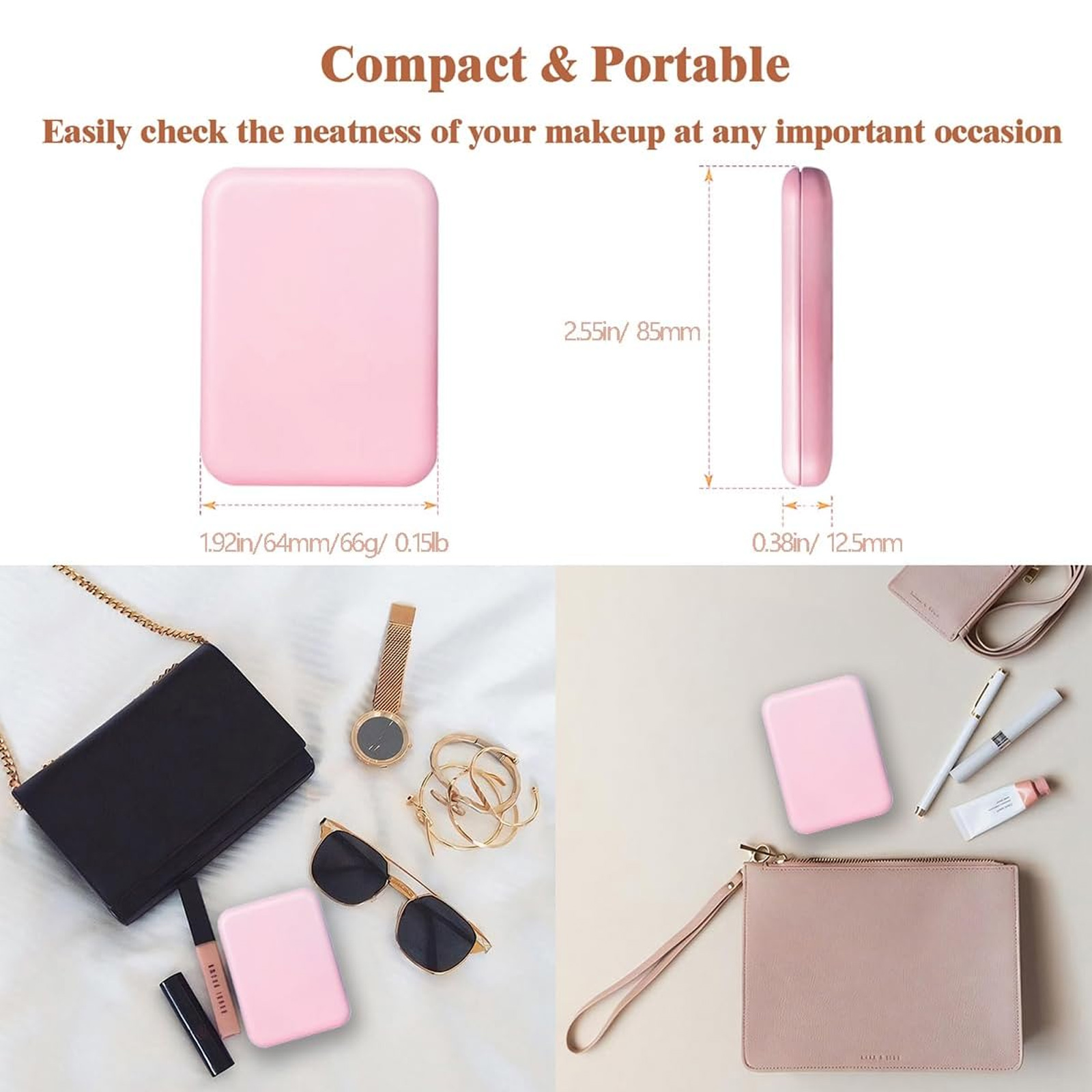 Rosa Kompaktspiegel mit Maßen, gezeigt mit Accessoires wie Geldbörse, Uhr, Sonnenbrille und Kosmetik.