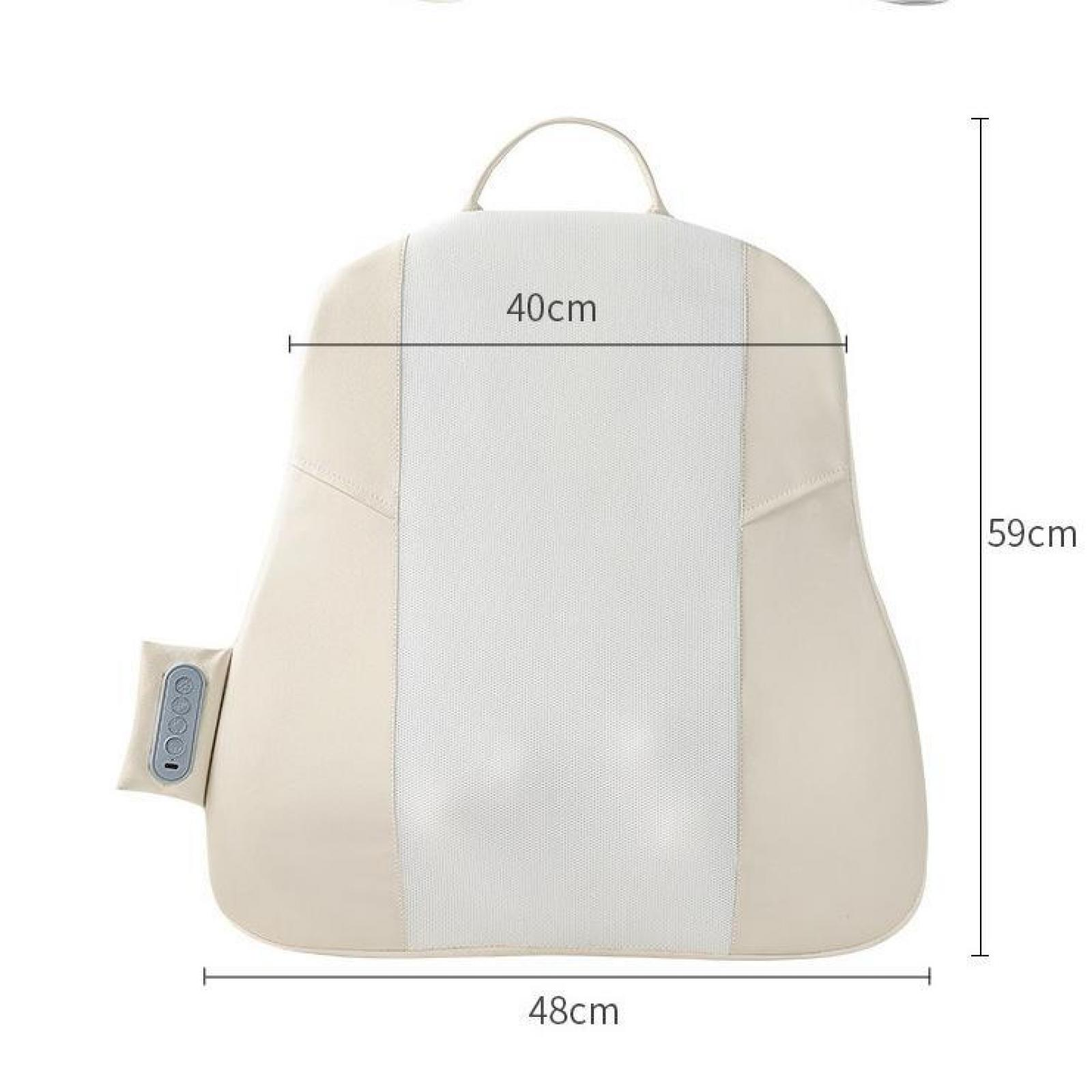 Beiges Massagekissen mit Maßen: 40cm, 59cm und 48cm. Es hat einen Griff und ein Bedienfeld.