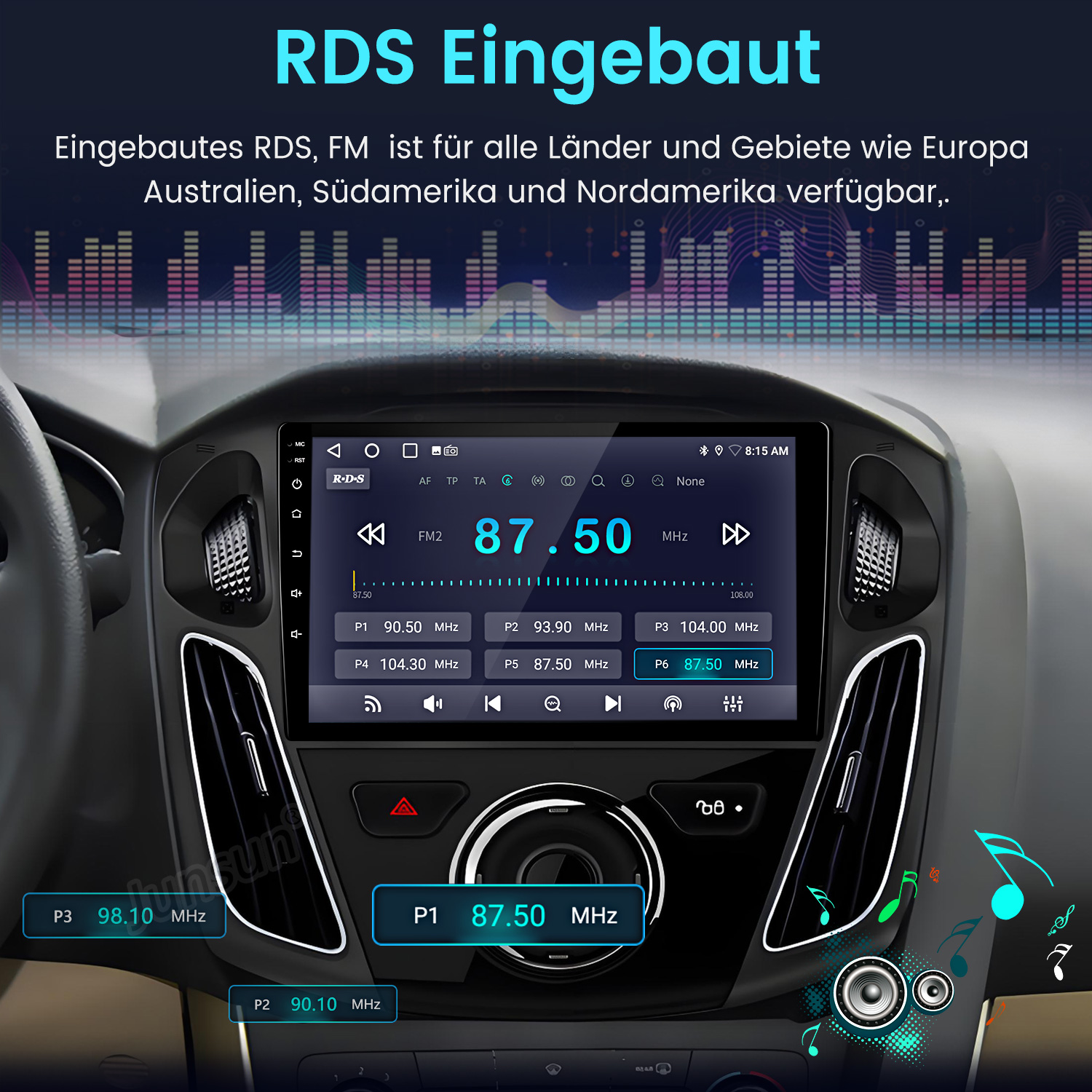 Autoradio-Bildschirm mit der FM-Frequenz 87,50 MHz. Der Bildschirm befindet sich im Armaturenbrett eines Autos. Oben steht RDS Eingebaut.