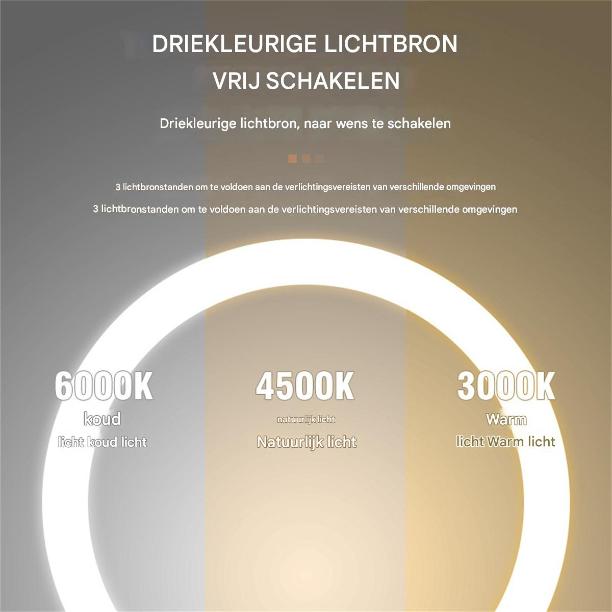 Das Bild zeigt ein Licht mit einstellbaren Farbtemperaturen: 6000K (kalt), 4500K (natürlich) und 3000K (warm).