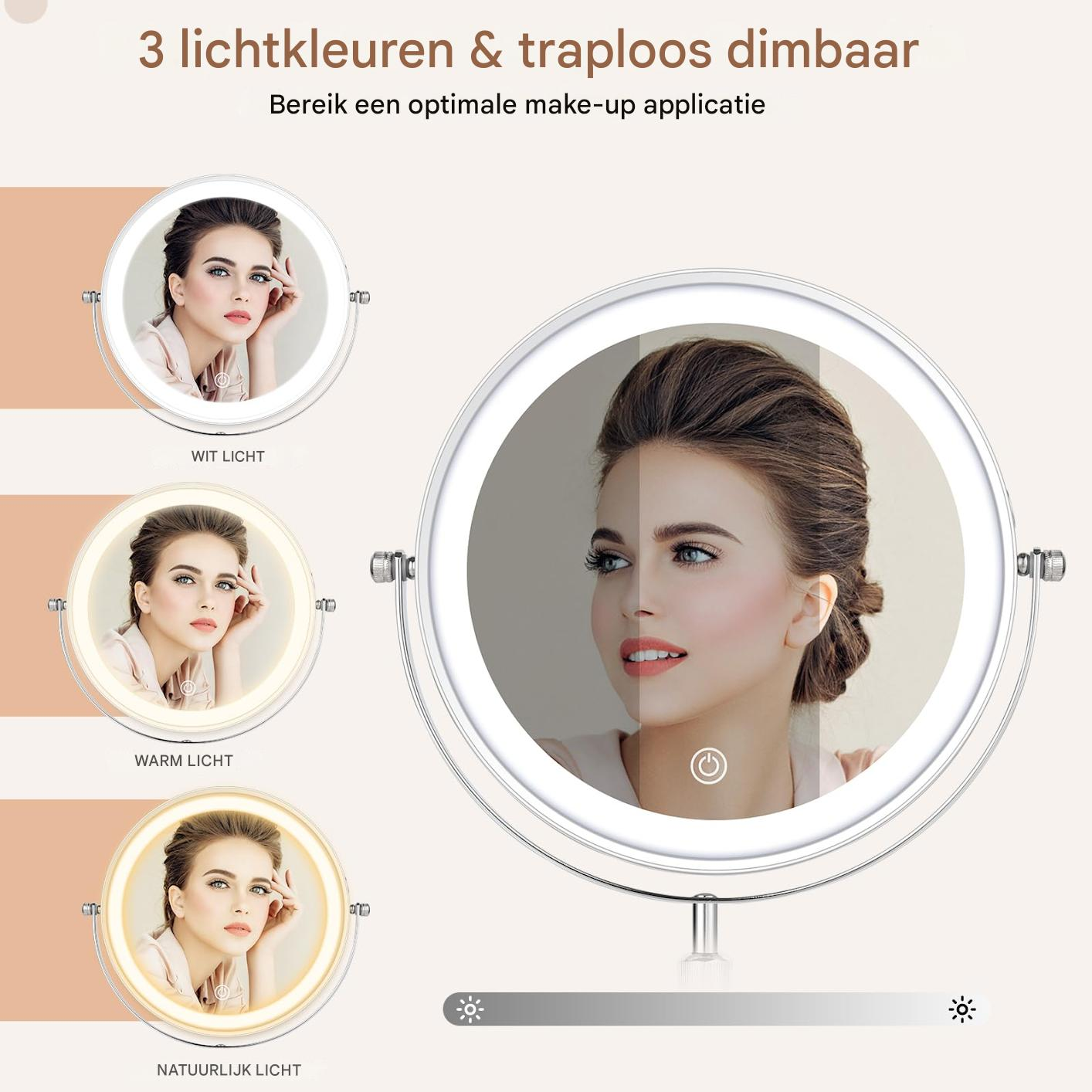 Das Gesicht einer Frau spiegelt sich in einem beleuchteten Schminkspiegel. Das Bild zeigt drei Lichteinstellungen: weiß, warm und natürlich.