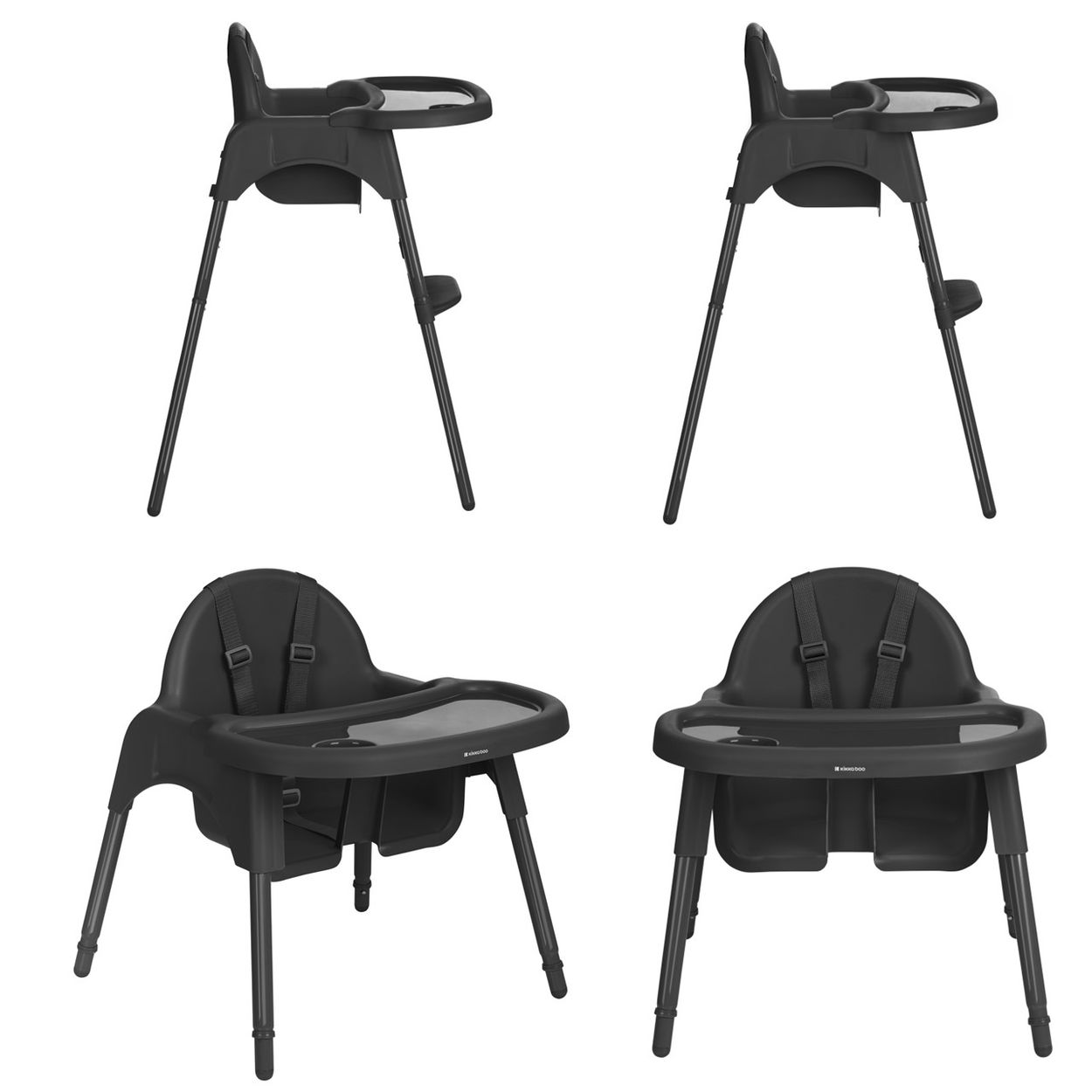 Vier schwarze Hochstühle sind abgebildet. Zwei stehen aufrecht, zwei sind angewinkelt, und jeder hat ein Tablett und Gurte.