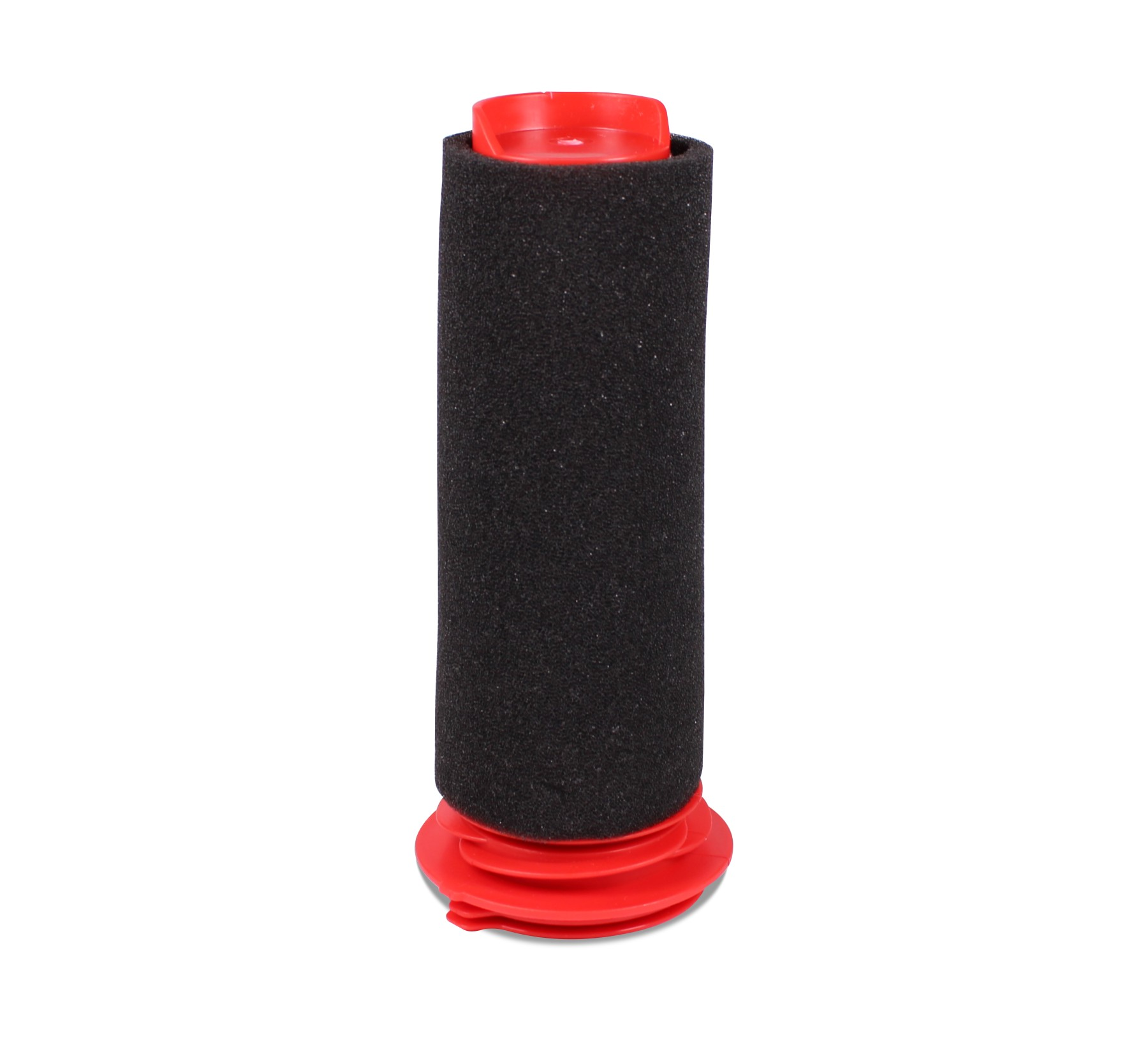 Ein zylindrisches Objekt, schwarzes poröses Material oben und ein roter Sockel und eine rote Oberseite. Weißer Hintergrund.