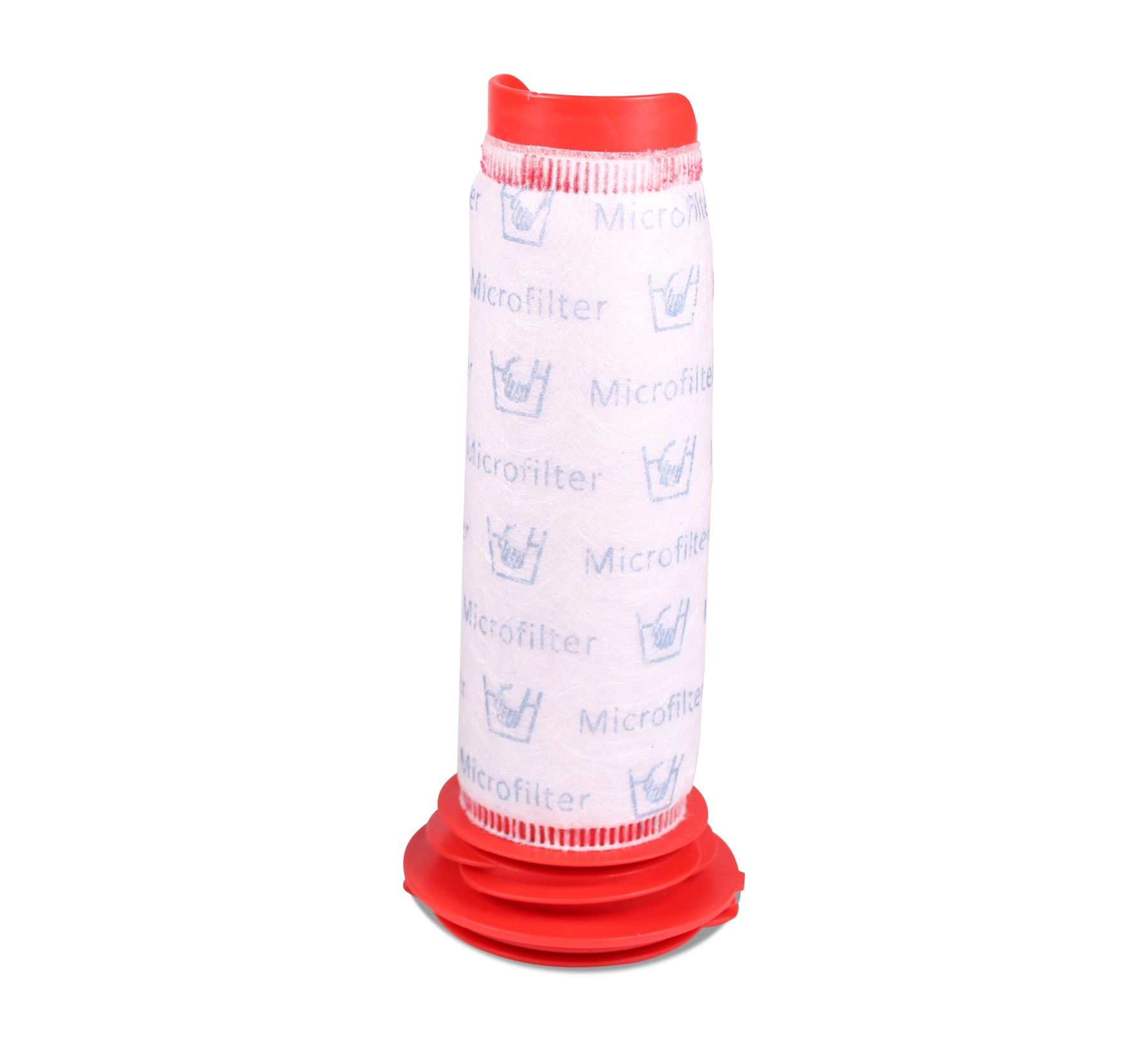 Ein weißer, zylindrischer Mikrofilter mit roten Kunststoffenden. Der Filter ist mit blauem Text "Microfilter" beschriftet.