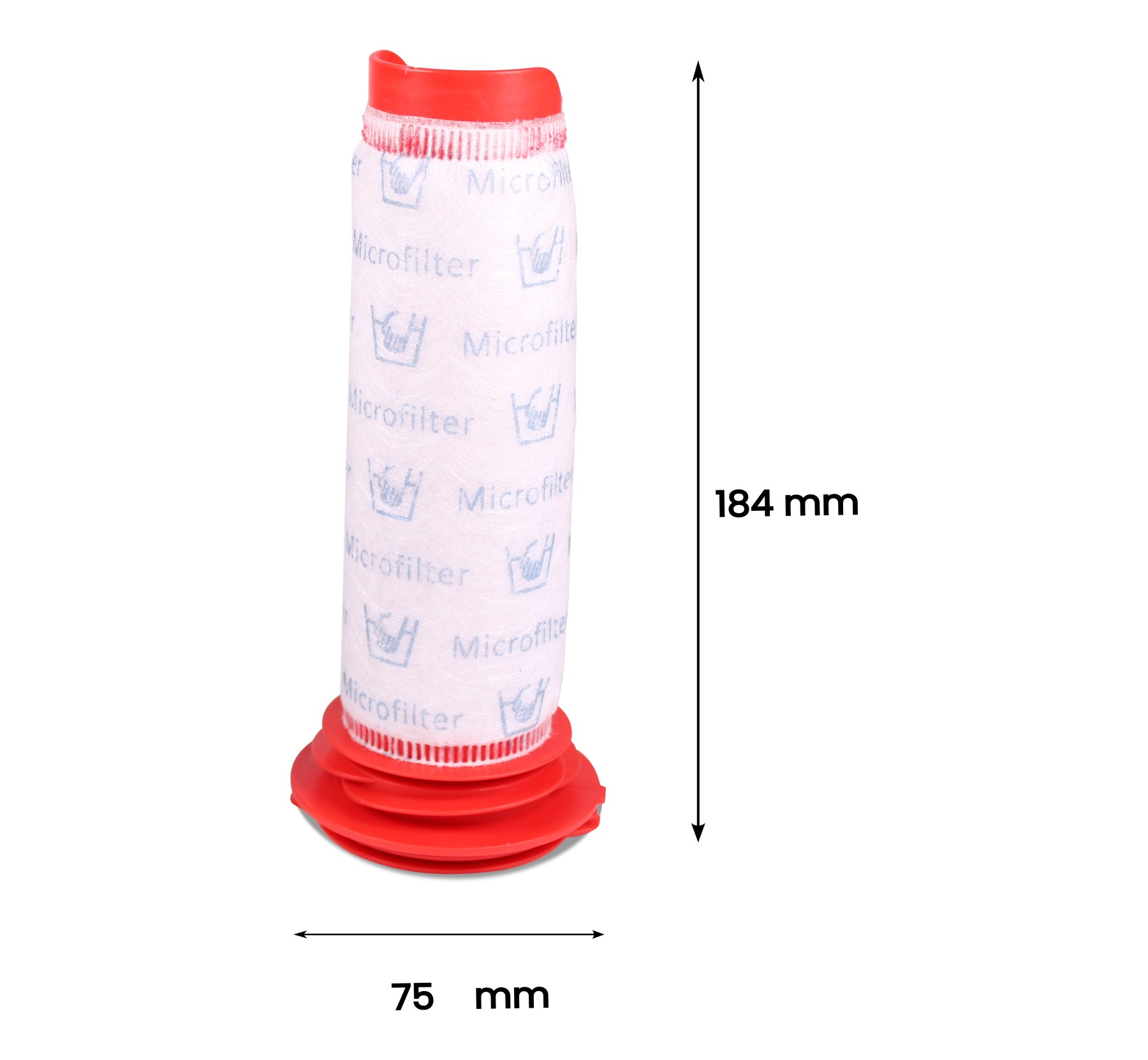 Roter und weißer Staubsaugerfilter mit den Maßen 184 mm Höhe und 75 mm Breite. Text 'Microfilter' ist sichtbar.