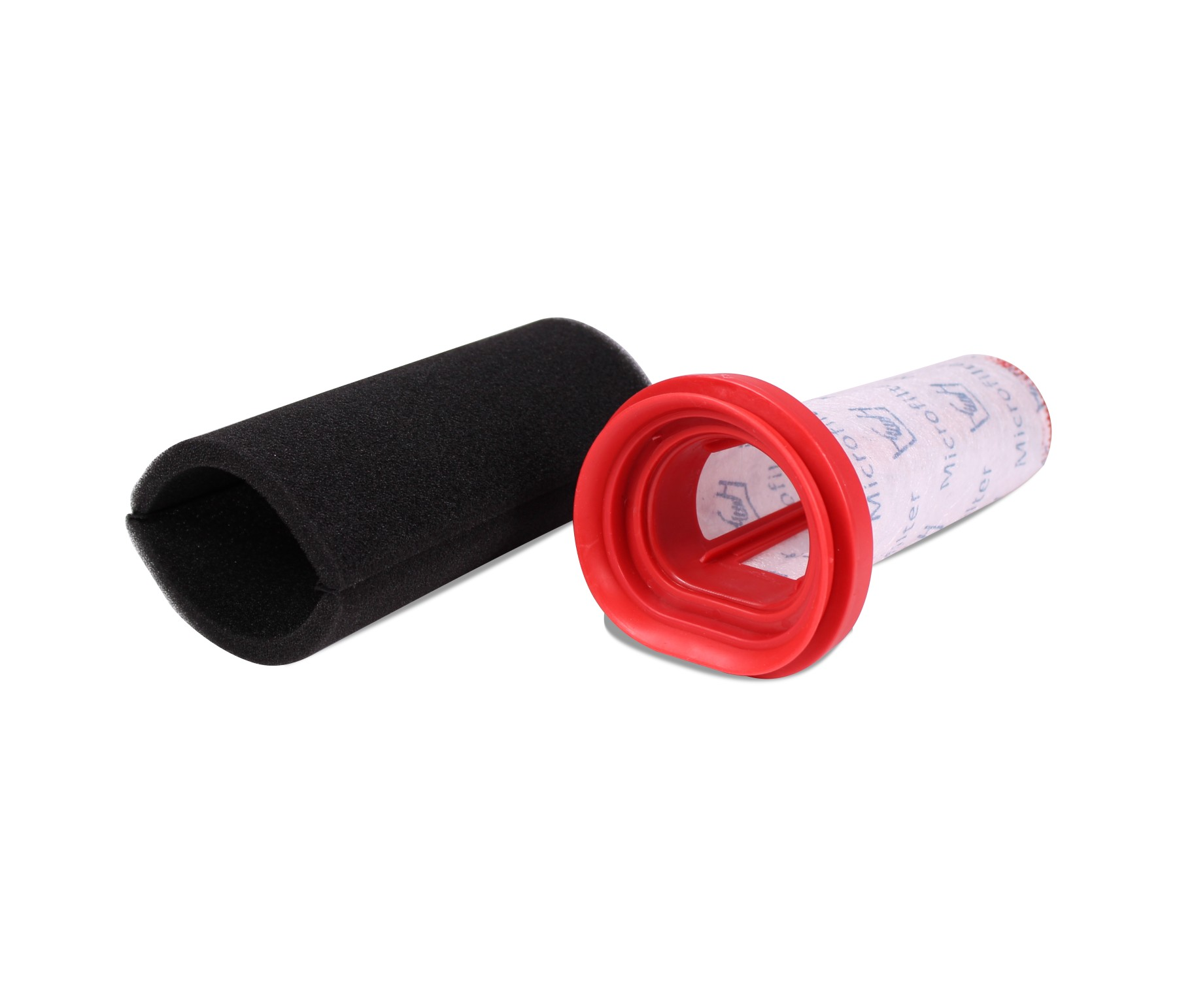 Ein Staubsaugerfilter. Es hat ein schwarzes Schaumstoffteil und einen weißen, zylindrischen Filter mit rotem Rand.