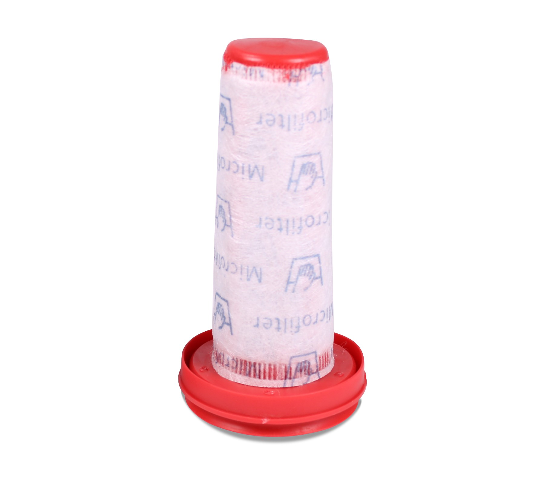 Ein zylindrischer Staubsaugerfilter in Rot und Weiß. Er hat eine rote Ober- und Unterseite, der Filter ist weiß mit Aufdruck.